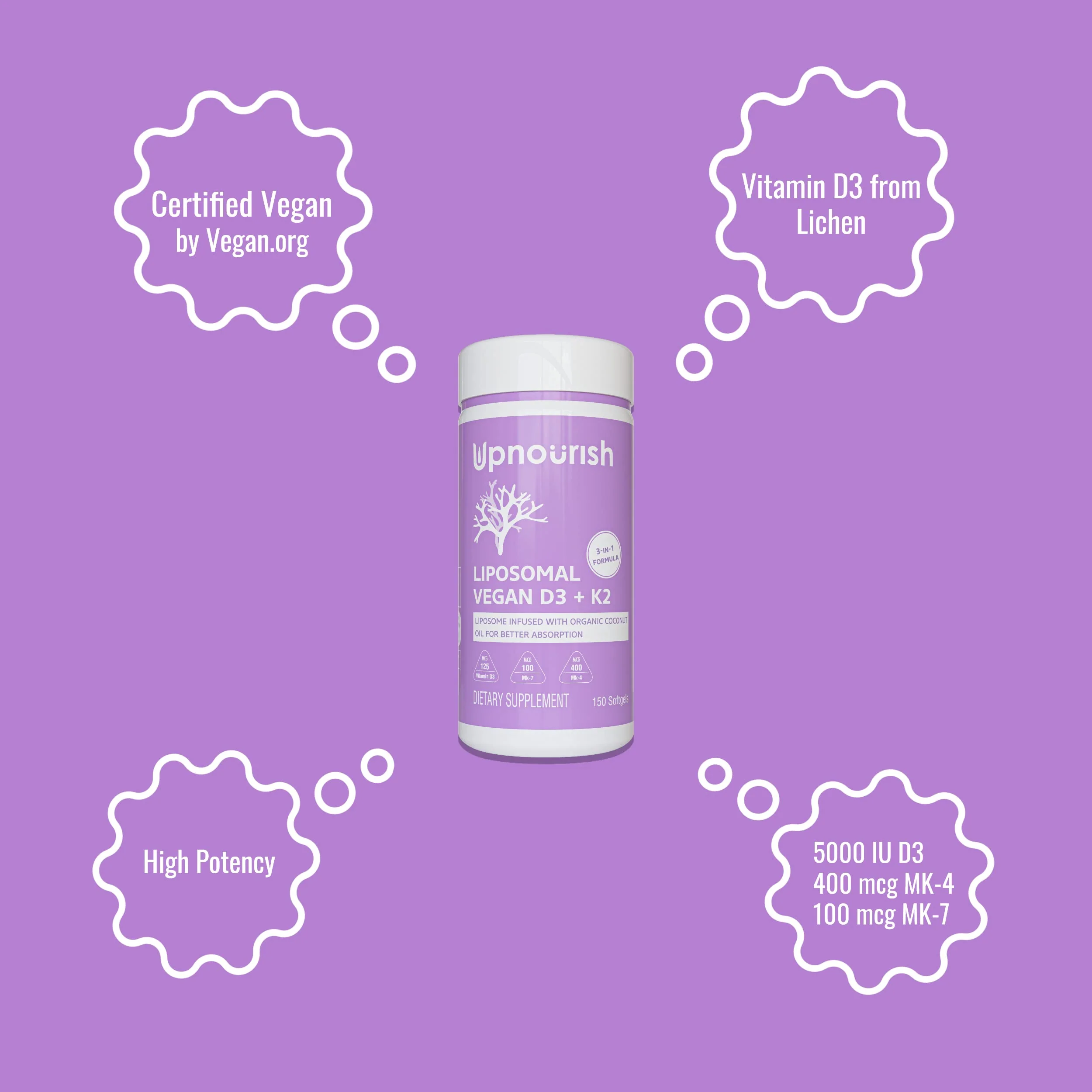 UpNourish Certified Vegan Vitamin D3 5000 IU K2 MK4 MK7 500 mcg Supplement, 150 Softgels, Plant Based Liposomal Vitamin D K with Organic Coconut Oil, Non GMO, Gluten and Gelatin Free - Image 3