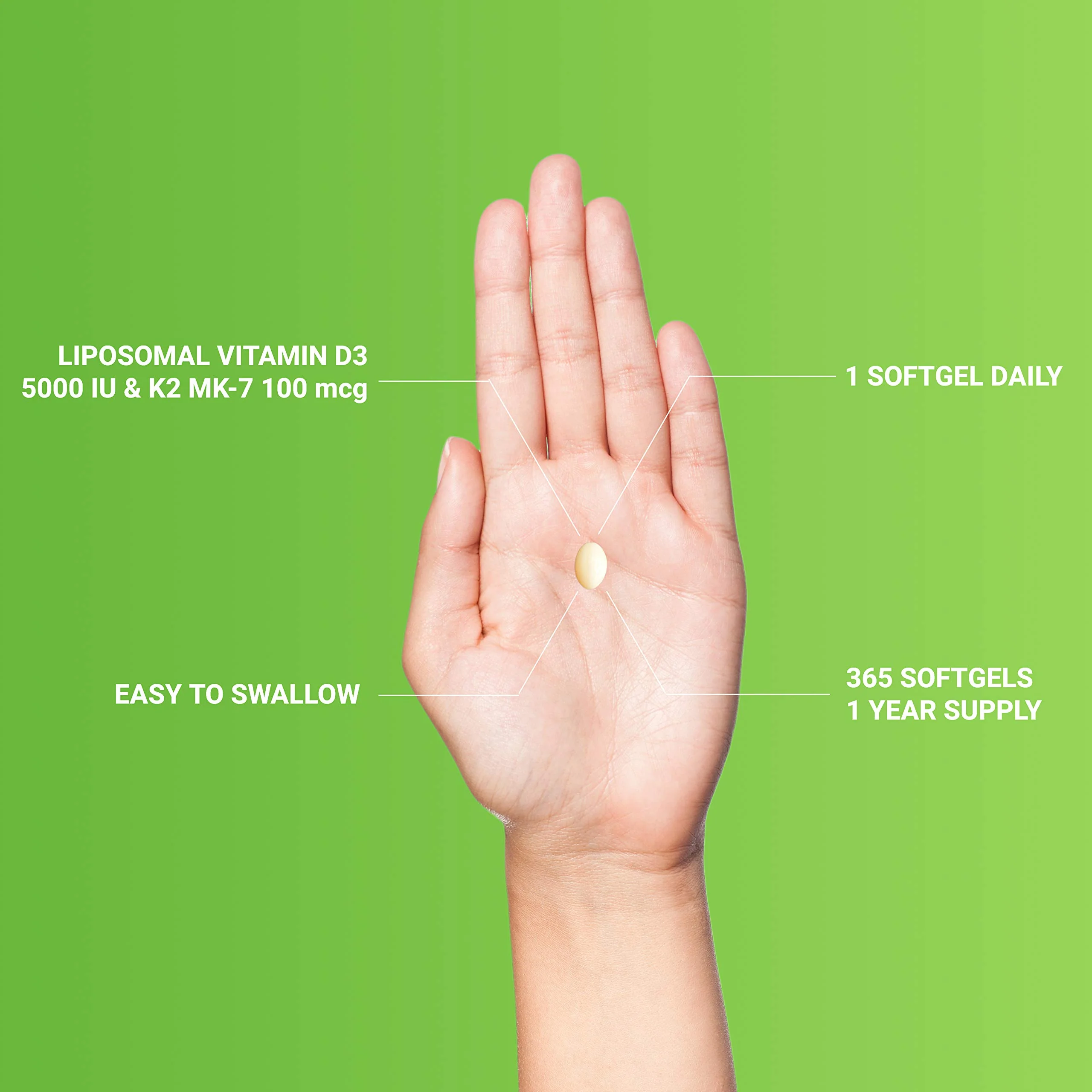 UpNourish Liposomal D3 K2 MK-7 – 365 Mini softgels with Organic Coconut Oil - 5000 IU 125 mcg Vitamin D3 and 100 mcg Vitamin k2 for Optimal Bone and Immune Health - Image 4