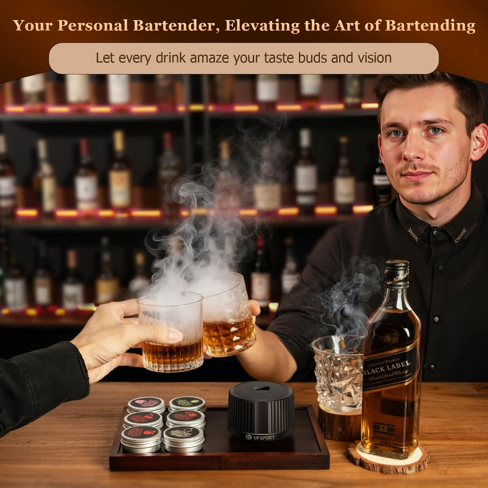 UPSPORT Electric Whiskey Smoker Kit with 4 Light Modes, Rechargeable Cocktail Smoker, 6 Wood Chips, No Butane Required, Christmas/Birthday Gifts for Men, Dad, Husband - Image 6