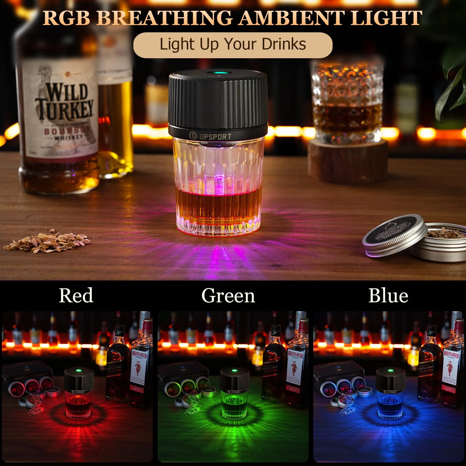 UPSPORT Electric Whiskey Smoker Kit with 4 Light Modes, Rechargeable Cocktail Smoker, 6 Wood Chips, No Butane Required, Christmas/Birthday Gifts for Men, Dad, Husband - Image 8