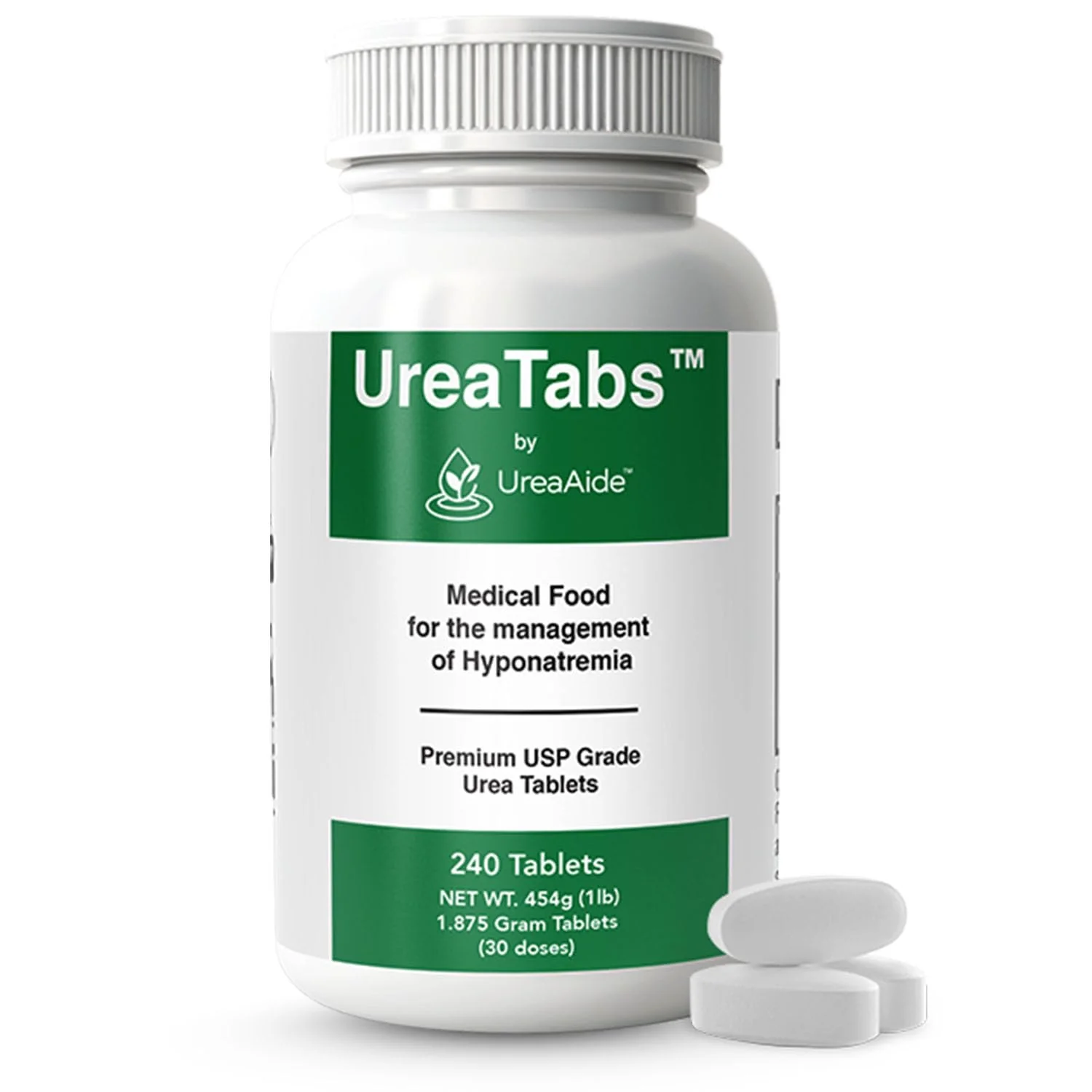 UreaTabs Oral Urea Tablets 1.875 Grams for Hyponatremia Management Low Sodium Support Tasteless Coated 240 Tablets in 1 Bottle Equivalent to 30 Powder Packets or 1 Pound Bag by UreaAide