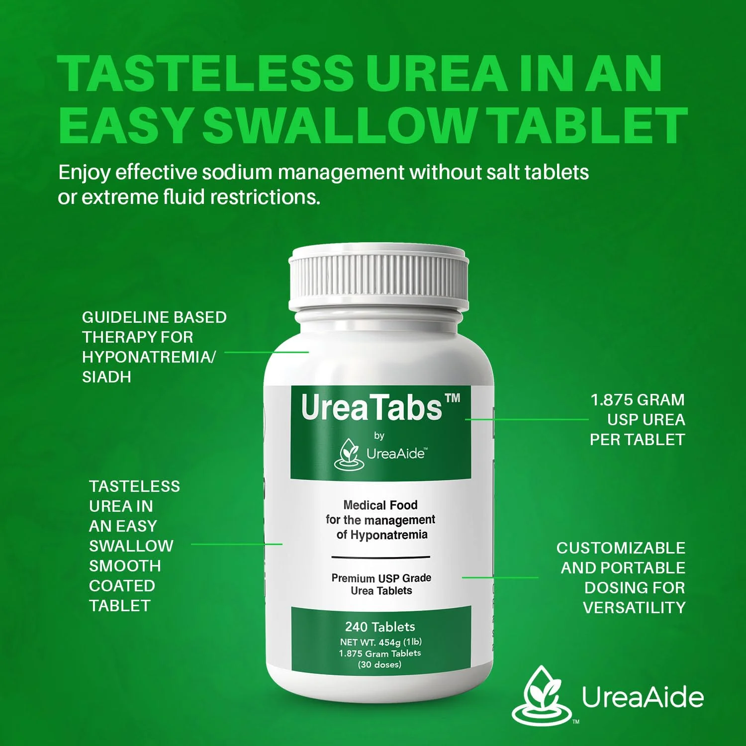 UreaTabs Oral Urea Tablets 1.875 Grams for Hyponatremia Management Low Sodium Support Tasteless Coated 240 Tablets in 1 Bottle Equivalent to 30 Powder Packets or 1 Pound Bag by UreaAide - Image 2
