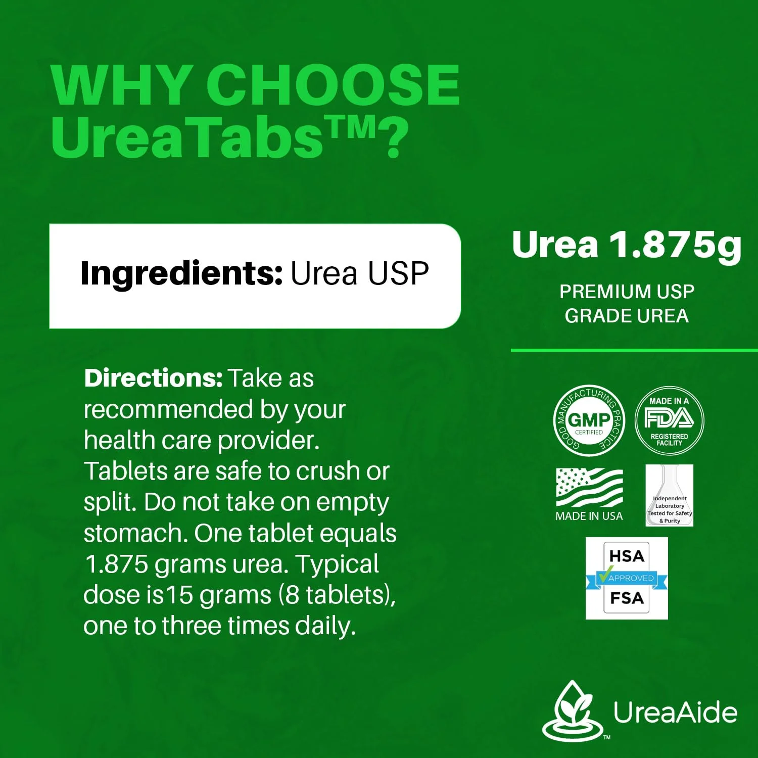 UreaTabs Oral Urea Tablets 1.875 Grams for Hyponatremia Management Low Sodium Support Tasteless Coated 240 Tablets in 1 Bottle Equivalent to 30 Powder Packets or 1 Pound Bag by UreaAide - Image 4