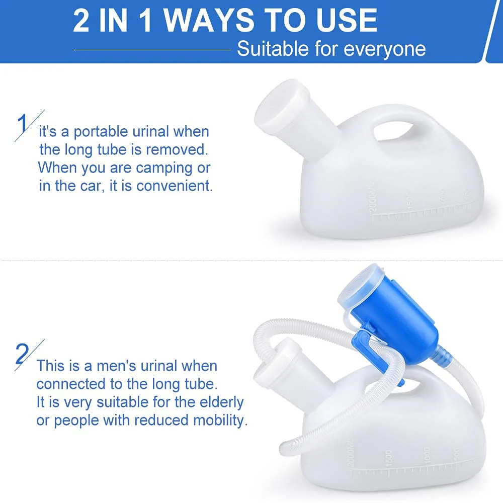 Urinals for Men, 2000ml Urine Bottle for Men, Male Portable Pee Bottle, Spill Proof Men's Potty Portable Urinal, 45.2" Long Tube with Lid for Camping Car Travel Bed Emergency Urination Device - Image 4