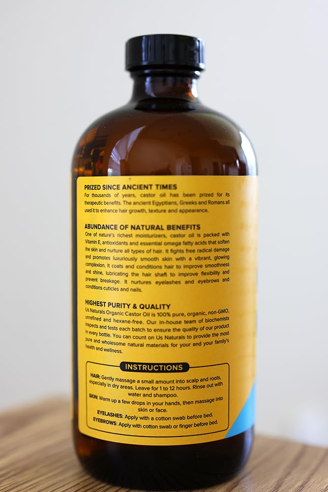 Us Naturals 16oz Organic Castor Oil – Glass Bottle – USDA Certified Organic & Non-GMO – 100% Pure, Cold-pressed, Unrefined, Hexane-free – Premium Glow-Boosting Oil for Skin, Hair, Lashes, Nails & More - Image 2