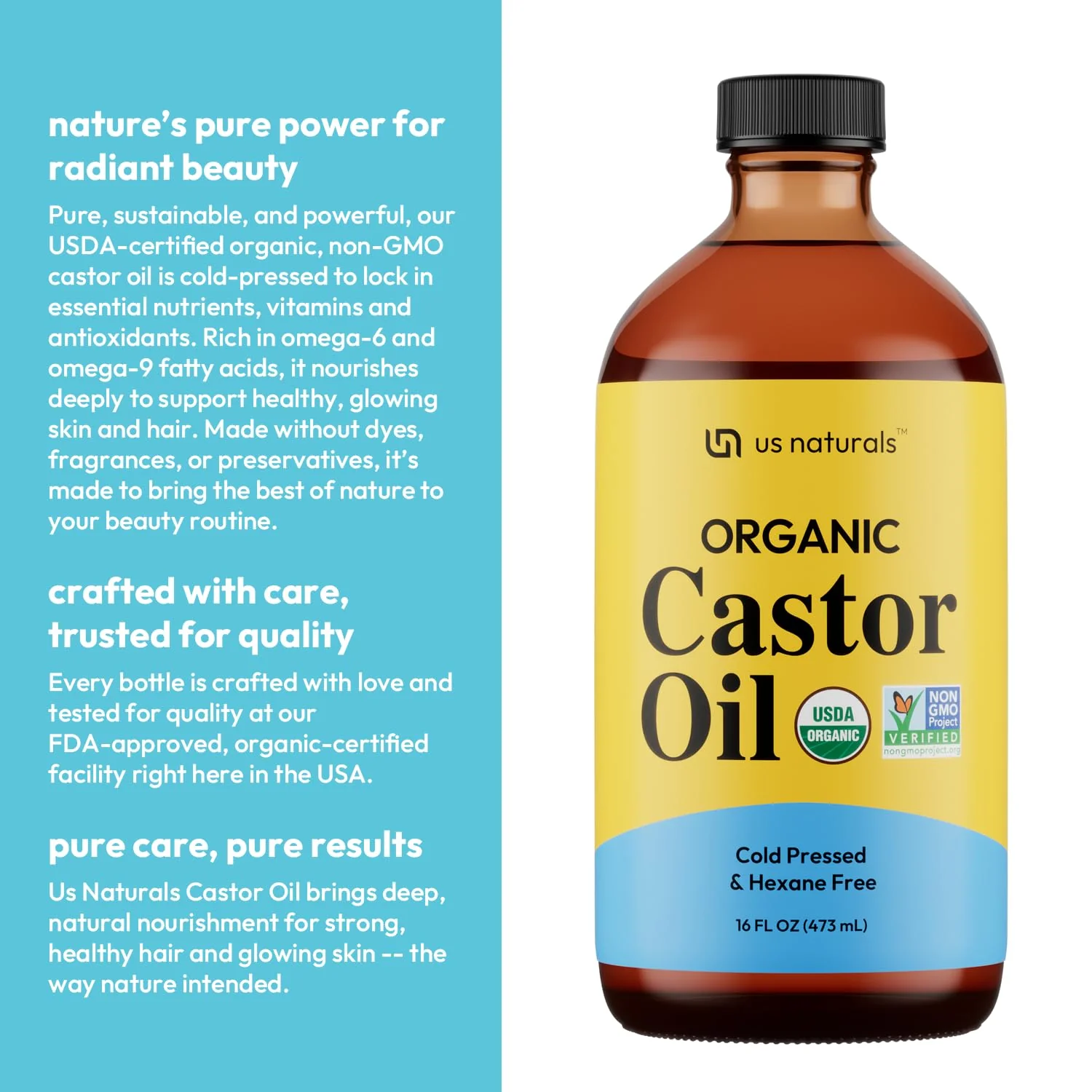 Us Naturals 16oz Organic Castor Oil – Glass Bottle – USDA Certified Organic & Non-GMO – 100% Pure, Cold-pressed, Unrefined, Hexane-free – Premium Glow-Boosting Oil for Skin, Hair, Lashes, Nails & More - Image 4
