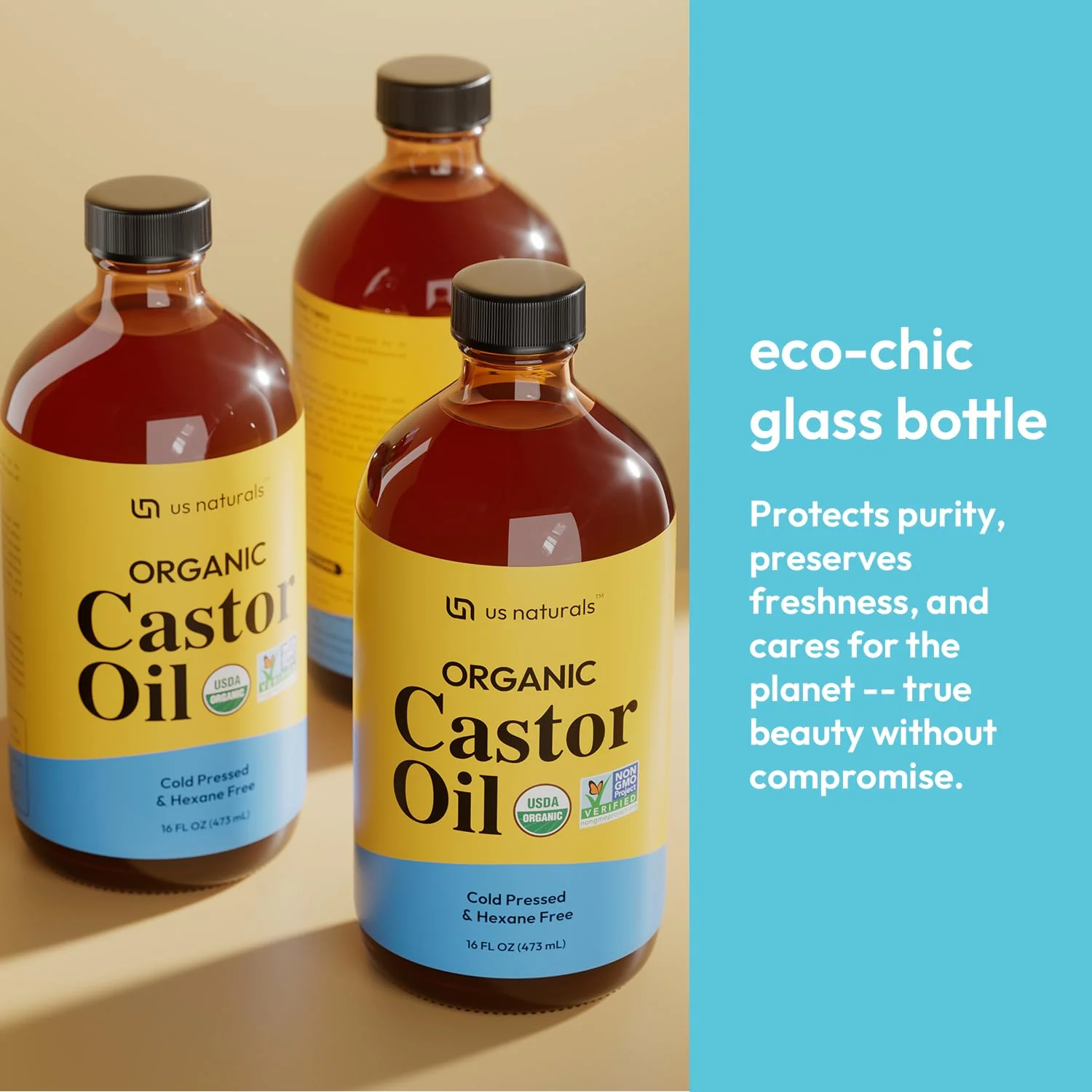 Us Naturals 16oz Organic Castor Oil – Glass Bottle – USDA Certified Organic & Non-GMO – 100% Pure, Cold-pressed, Unrefined, Hexane-free – Premium Glow-Boosting Oil for Skin, Hair, Lashes, Nails & More - Image 6
