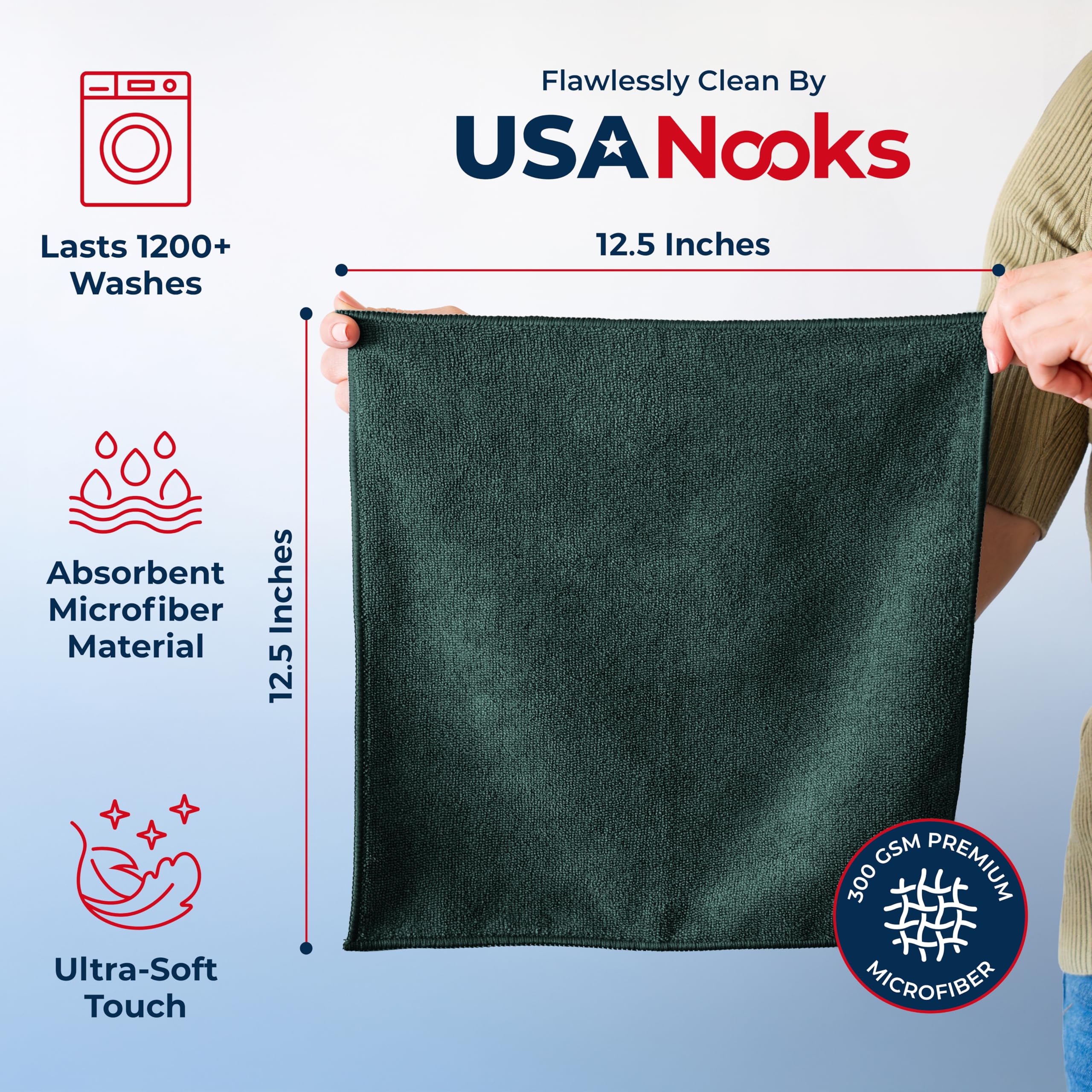 USANOOKS Premium 300GSM Microfiber Cleaning Cloth - 12.5"x12.5" High Performance - 1200 Washes, Ultra Absorbent Microfiber Towels for Cars Undercarriage, Rims & Engine Bay Cleaning - Microfiber Cloth - Image 8