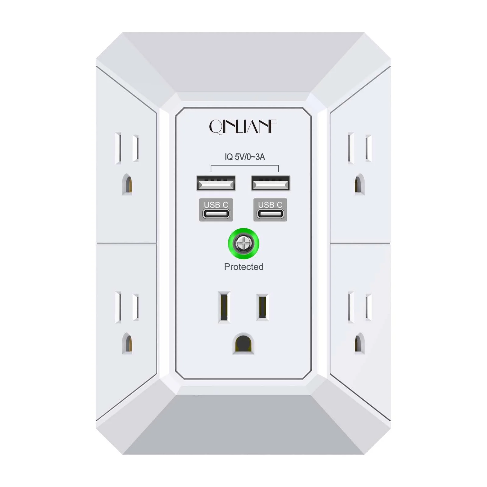 USB Wall Charger, Surge Protector, QINLIANF 5 Outlet Extender with 4 USB Charging Ports(2U2C) 3-Sided 1680J Power Strip Multi Plug Outlets Wall Adapter Spaced for Home Travel Office, White - Image 2
