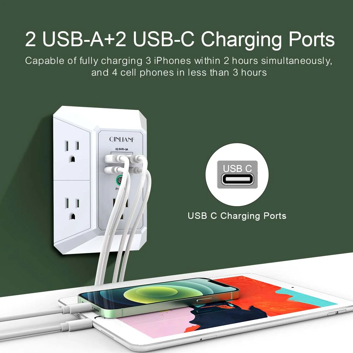 USB Wall Charger, Surge Protector, QINLIANF 5 Outlet Extender with 4 USB Charging Ports(2U2C) 3-Sided 1680J Power Strip Multi Plug Outlets Wall Adapter Spaced for Home Travel Office, White - Image 3
