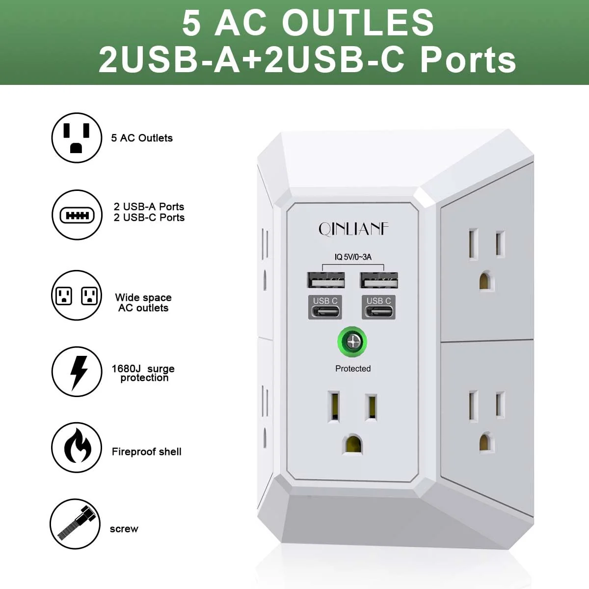 USB Wall Charger, Surge Protector, QINLIANF 5 Outlet Extender with 4 USB Charging Ports(2U2C) 3-Sided 1680J Power Strip Multi Plug Outlets Wall Adapter Spaced for Home Travel Office, White - Image 4