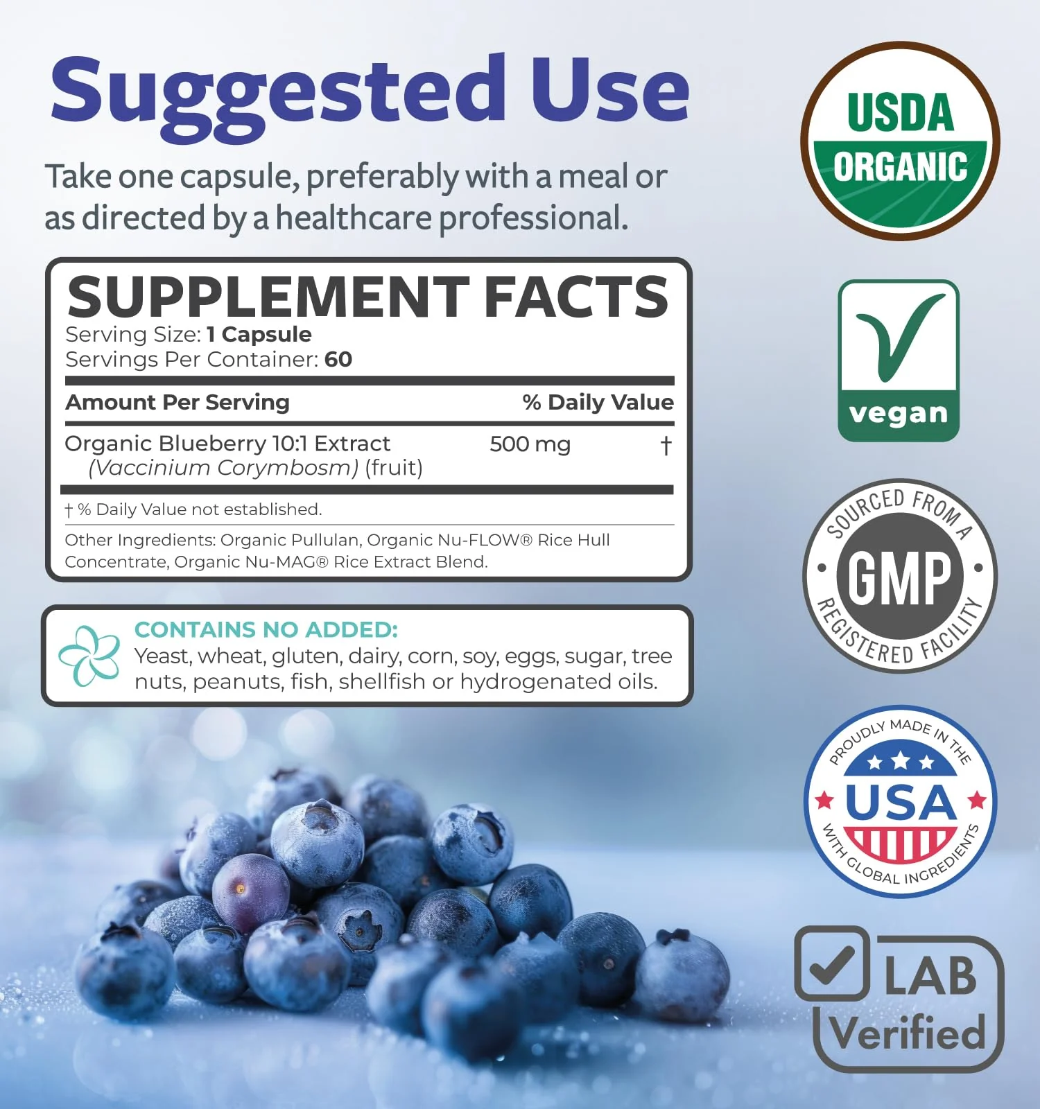 USDA Organic Blueberry Extract Capsules - High Potency Organic Blueberry 500mg 10:1 Extract Per 1 Capsule Serving - Blueberry Supplement for Brain & Immune Support - Vegan Non-GMO (2 Month Supply) - Image 3