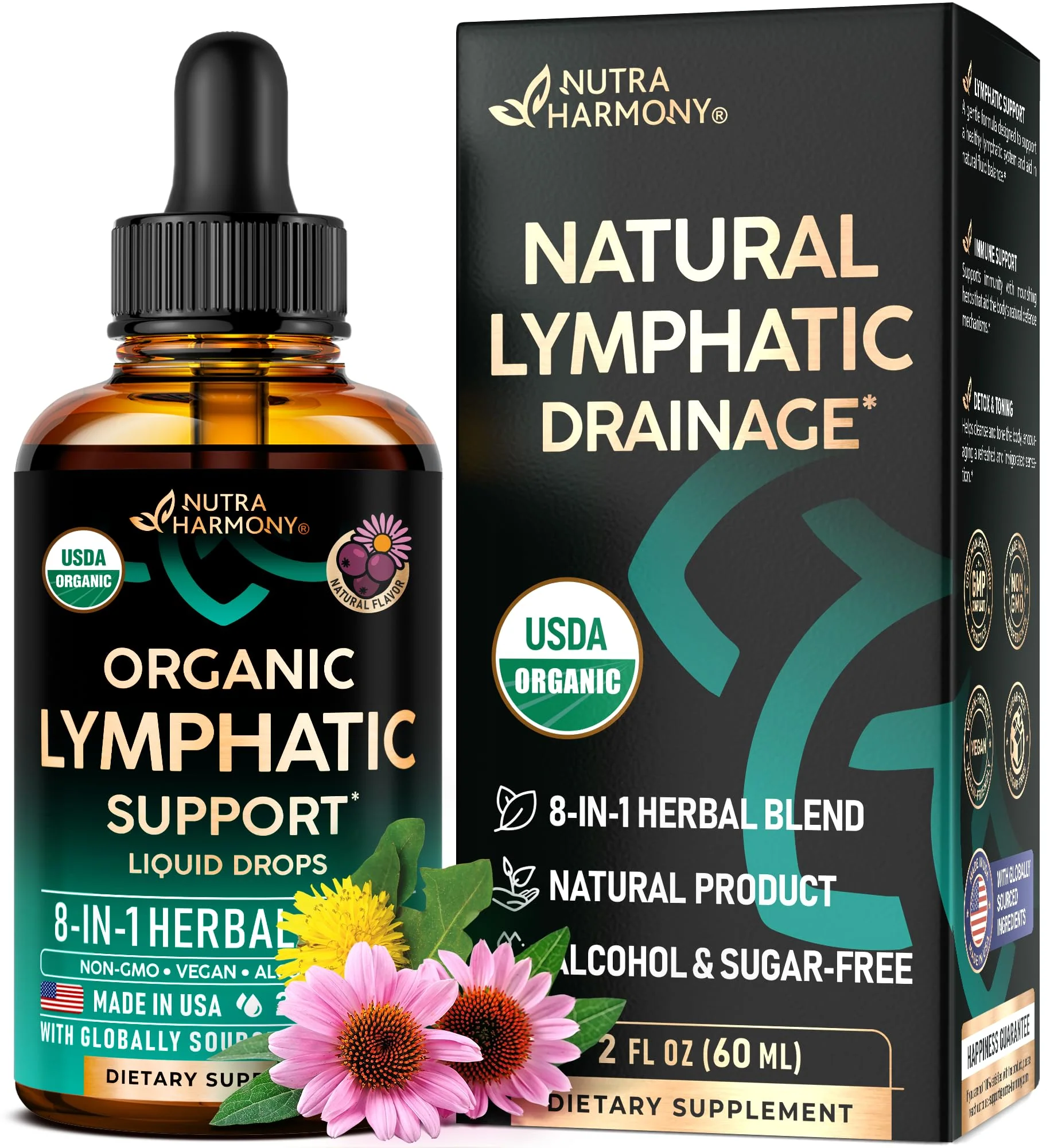 USDA Organic Lymphatic Drainage Supplement - Echinacea | Elderberry | Dandelion | Rosehip | Cleavers | Calendula | Burdock - Made in USA - Lymph System Drops - Immune Support, Cleanse & Detox, 2 Pack