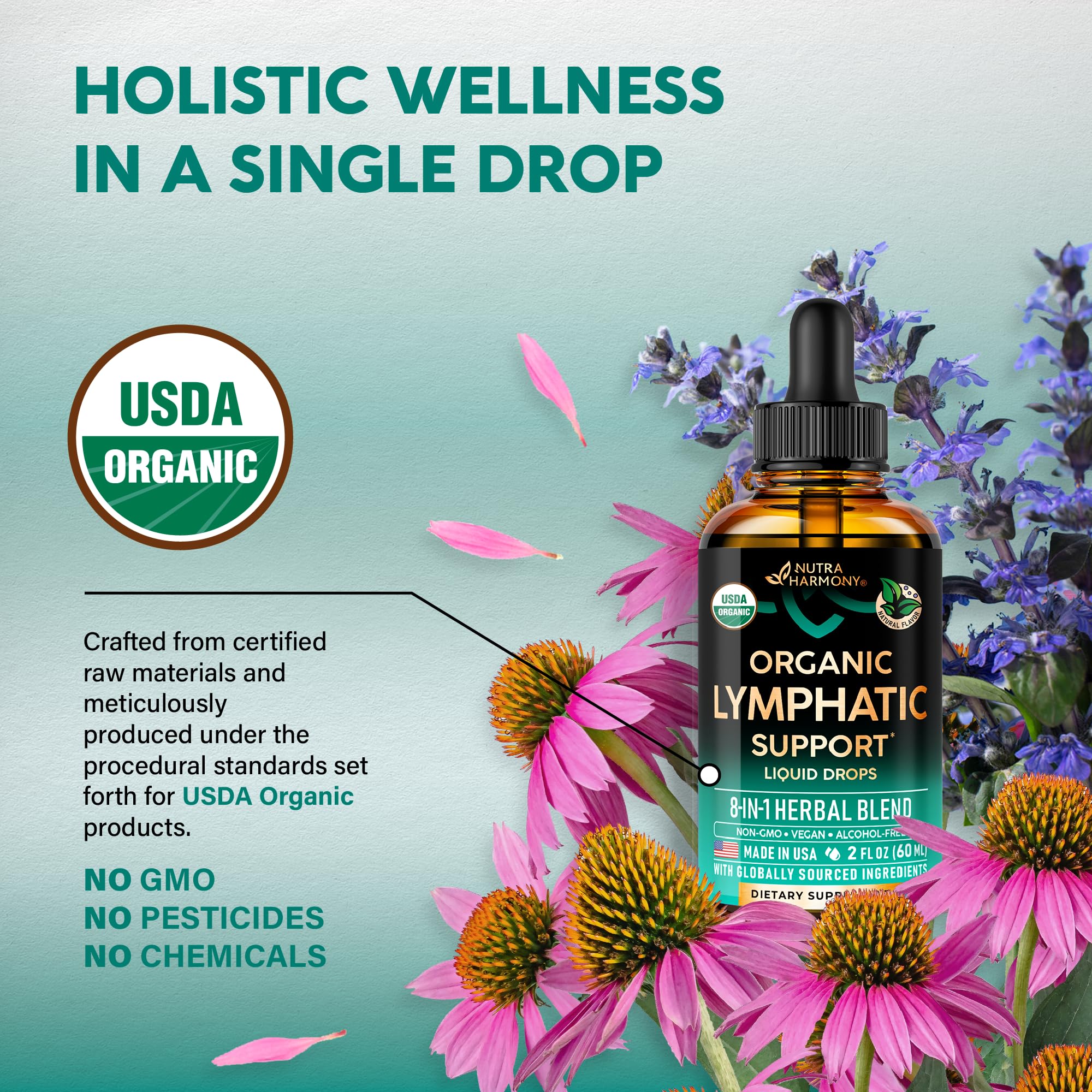 USDA Organic Lymphatic Drainage Supplement - Echinacea | Elderberry | Dandelion | Rosehip | Cleavers | Calendula | Burdock - Made in USA - Lymph System Drops - Immune Support, Cleanse & Detox, 2 Pack - Image 3