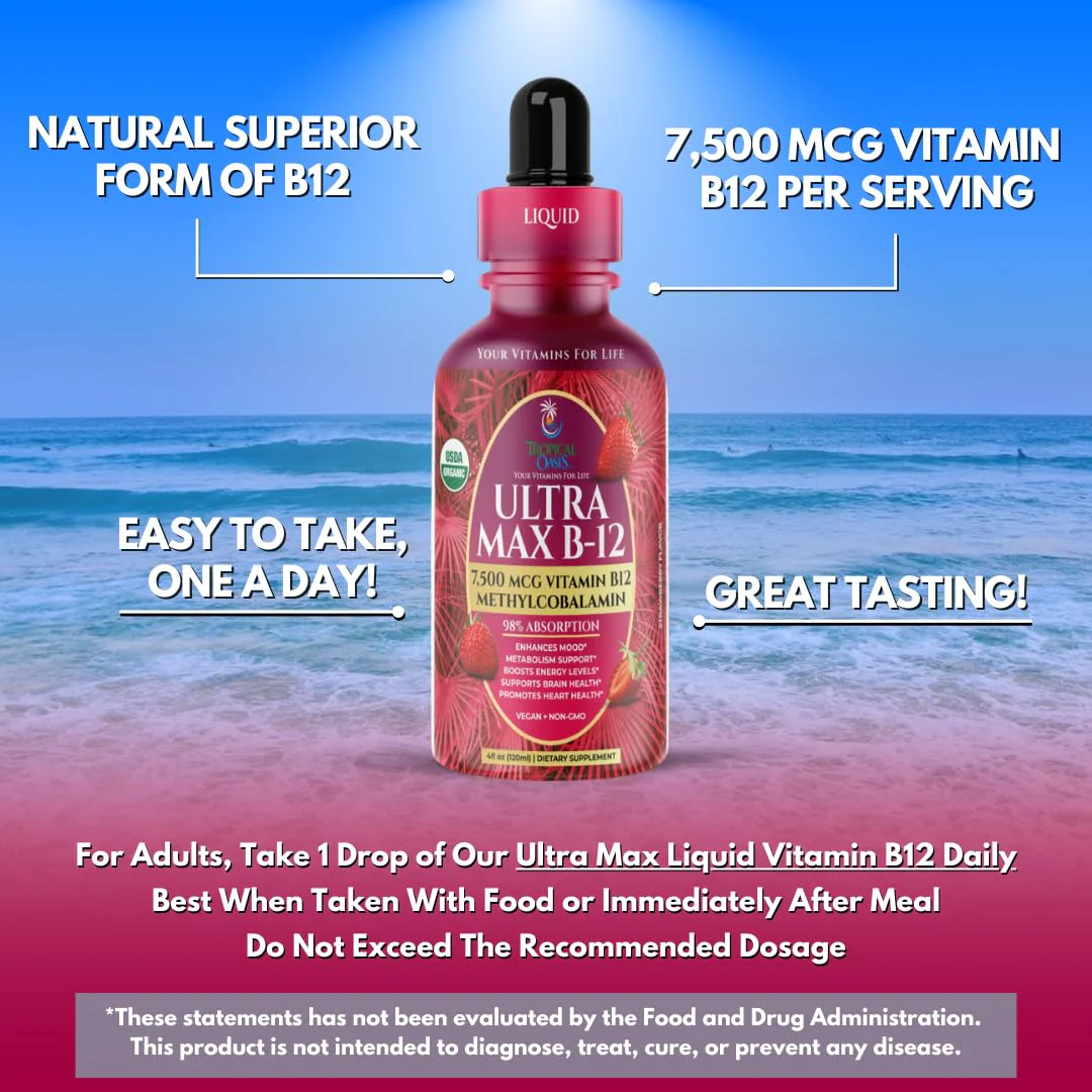 USDA Organic Ultra Max B12 | Superdose 7500mcg Vitamin B12 Liquid Drops | B12 as Methylcobalamin| Max 98% Absorption Rate | Promotes Energy| Vegan, Non-GMO, Strawberry flavor -4oz - Image 5
