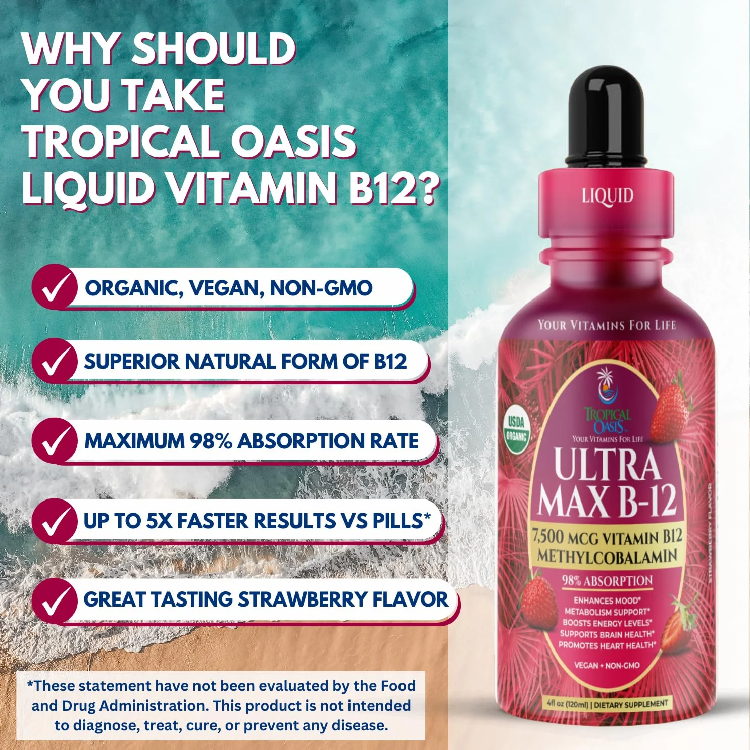 USDA Organic Ultra Max B12 | Superdose 7500mcg Vitamin B12 Liquid Drops | B12 as Methylcobalamin| Max 98% Absorption Rate | Promotes Energy| Vegan, Non-GMO, Strawberry flavor -4oz - Image 6