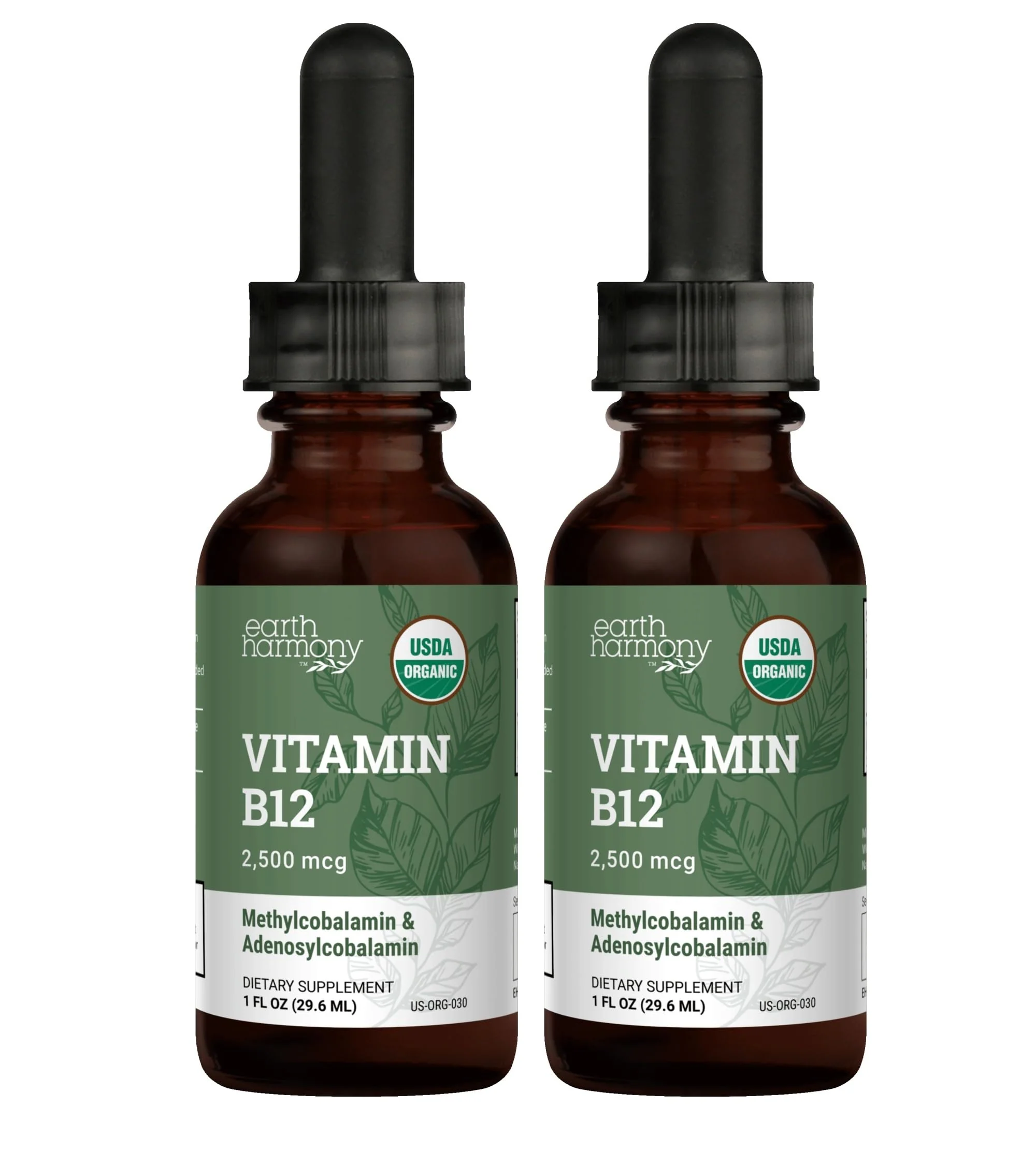 USDA Organic Vitamin B12 2000mcg Sublingual Liquid Supplement (2-Pack) - Vegan Methylcobalamin Drops for Natural Energy, Maintain Metabolism, and Immune System Support - 1 Fl Oz