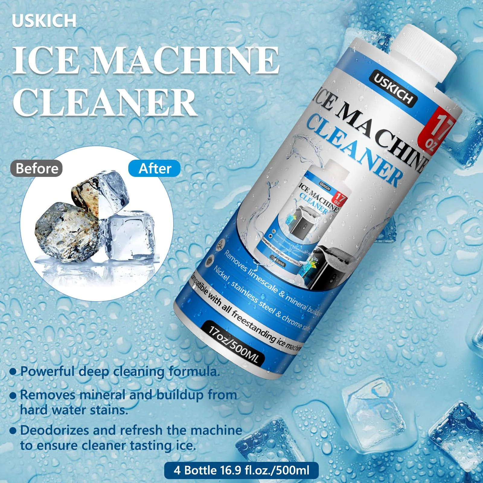 USKICH 4 Pack Ice Machine Cleaner Maker Descaler-68 fl oz Nickel Safe Descaler,Ice Maker Cleaner Solution Compatible with Ice Machine Brands Scotsman,KitchenAid,Hoshizaki - Image 4