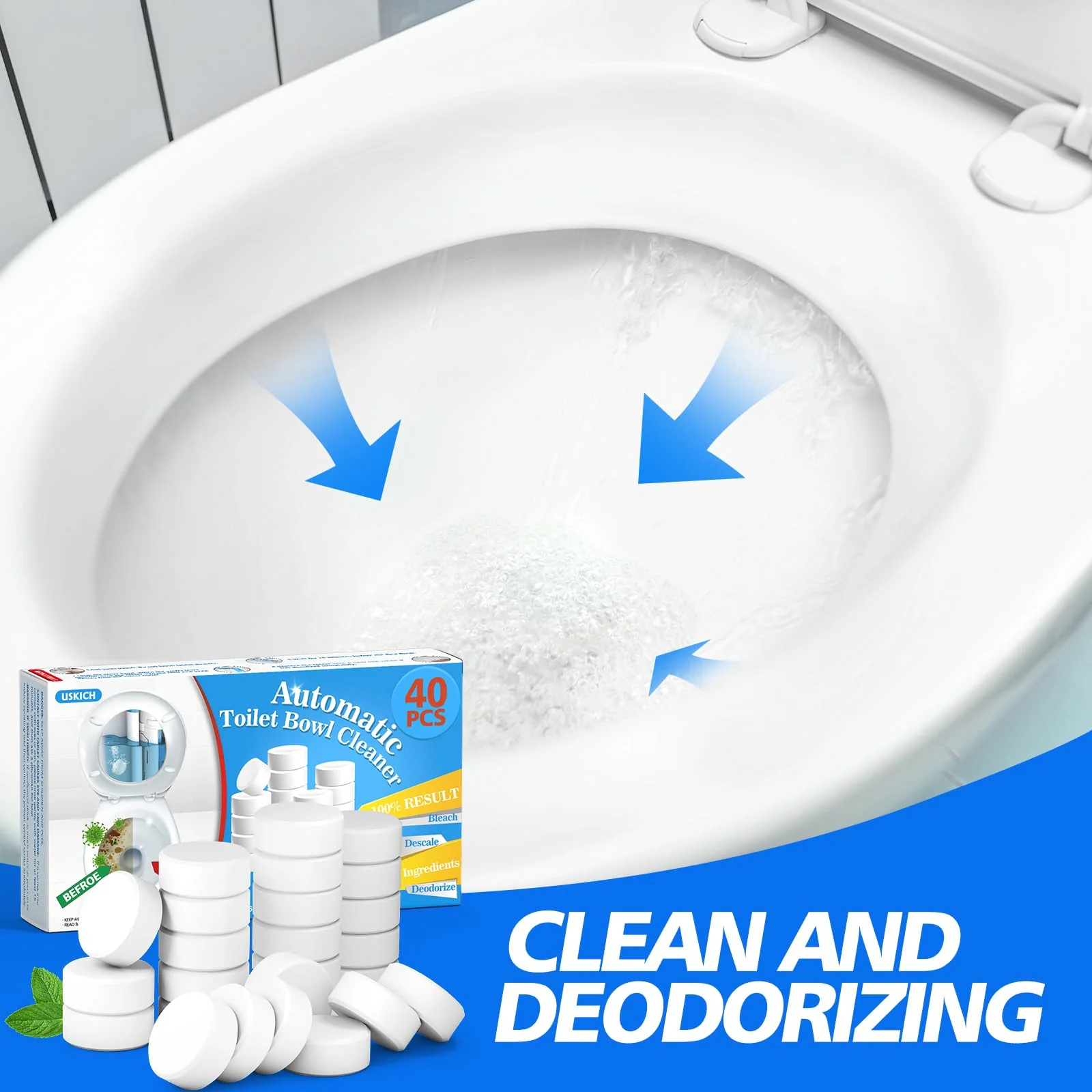 USKICH Toilet Bowl Cleaner 40 PACK, Household Automatic Toilet Bowl Cleaners with Bleach, Bathroom Toilet Tank Cleaners Tablets with Sustained-Release Technology for Deodorizing & Descaling - Image 6