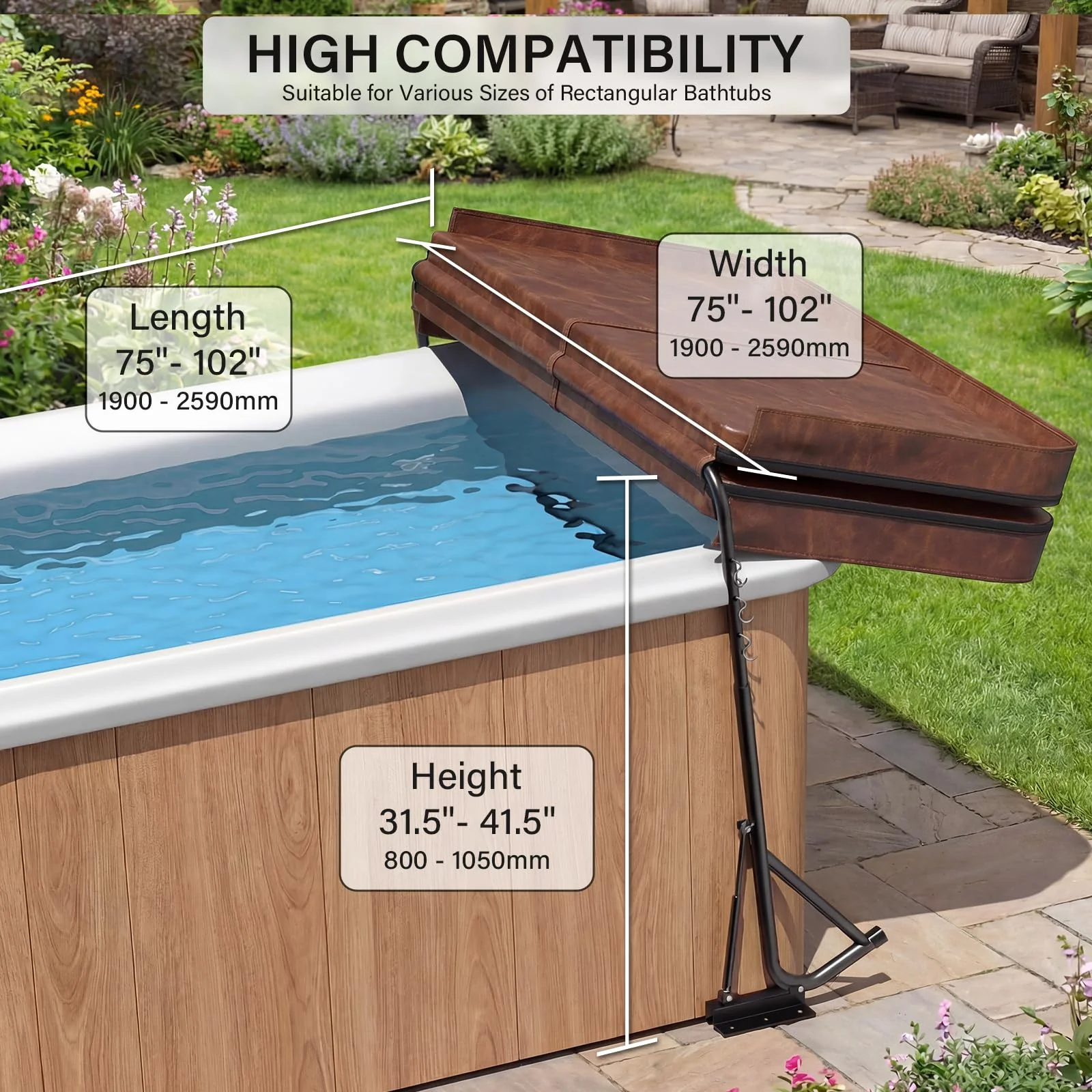 Utheer Hydraulic Hot Tub Cover Lift, Powder-Coated Carbon Steel Spa Cover Lifter with 6 Hooks, Adjustable 31.5-41.3H x 57-92.5W, Drill-Free or Screw-in, Heavy Duty for Rectangular Hot Tubs & Spas - Image 6