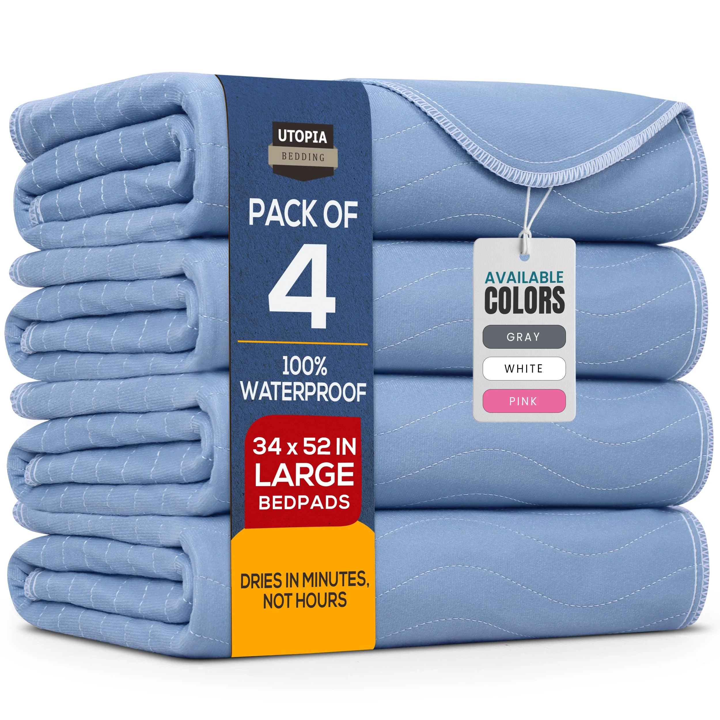 Utopia Bedding Washable Underpads 34" x 52" (Pack of 4), Waterproof Reusable Heavy Absorbency Incontinence Bed Pads for Adults, Kids, Elderly and Pets, Bedwetting Pads for Sofa and Couch (Blue)