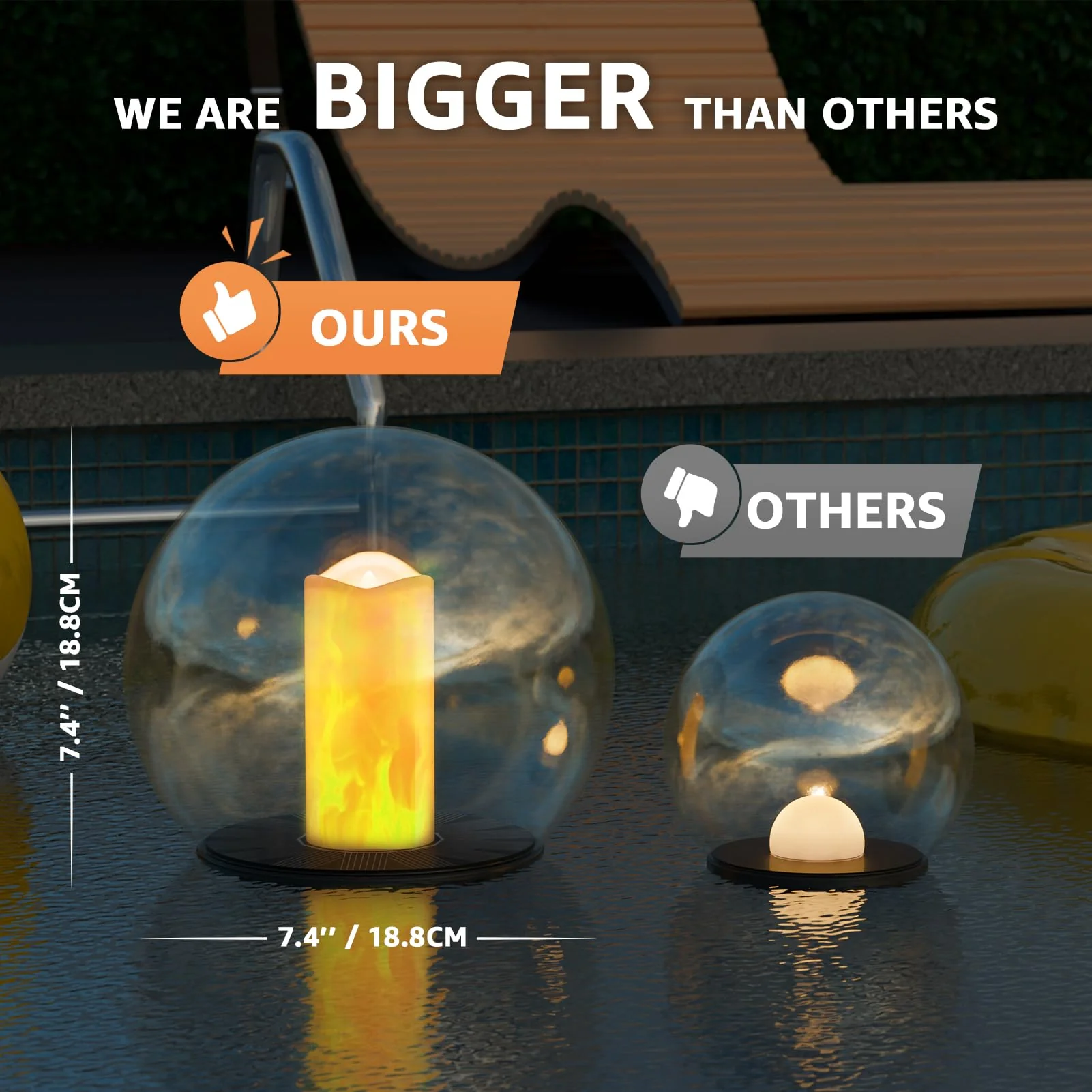 uuffoo 2-Pack 7.4x7.4 Solar Floating Pool Lights Ball Solar Powered Flickering that Float Candles Lights Outdoor Water-Resistant IP66 for Pond Garden Party Swimming Decor - Image 5