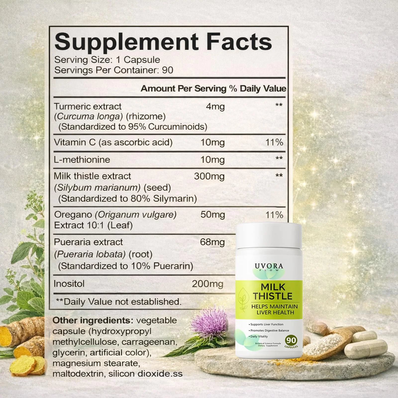 uvora Milk Thistle, Botanical Daily Wellness Formula with Turmeric, Inositol & Vitamin C, Vegetarian Capsules, 60 Count - Image 2