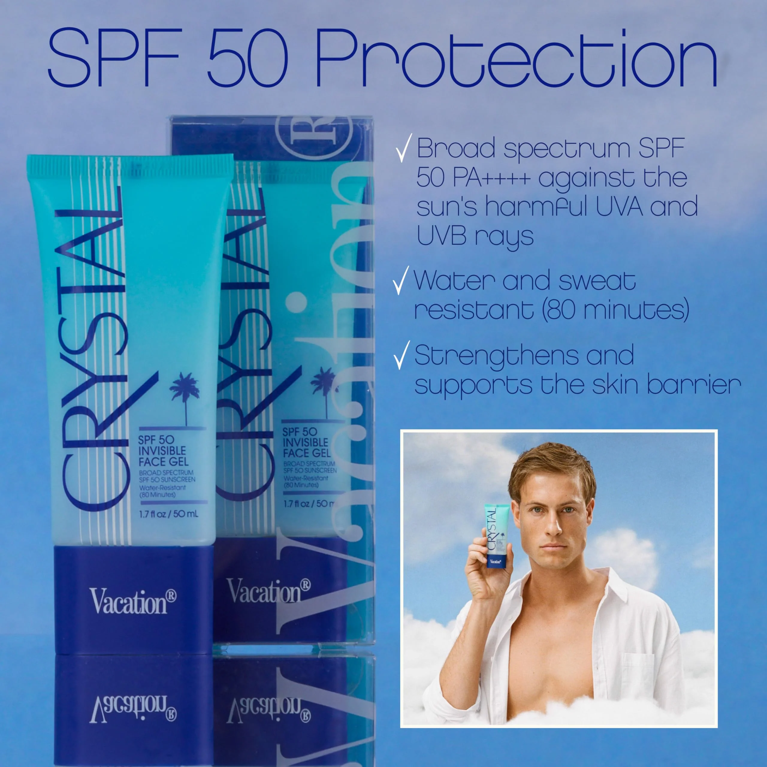 Vacation Crystal SPF 50 Face Gel, Clear Sunscreen, Hydrating & Nourishing, Water-Resistant, Fragrance-Free, Travel Size, 1.7 Fl. Oz. - Image 3