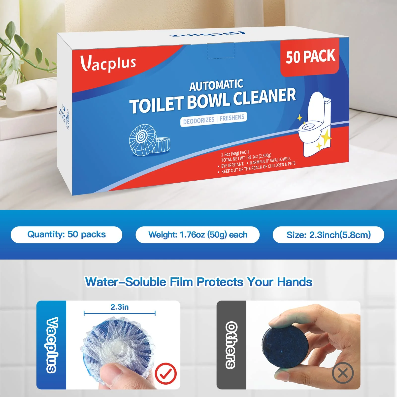 Vacplus Automatic Toilet Bowl Cleaner Tablets, Drop-In Tank Cleaner for Bathroom, Prevent Stains & Deodorize, Long-Lasting Cleaning Tabs, Easy-Use Freshener for Bowl & Tank, 50 Pack - Image 3