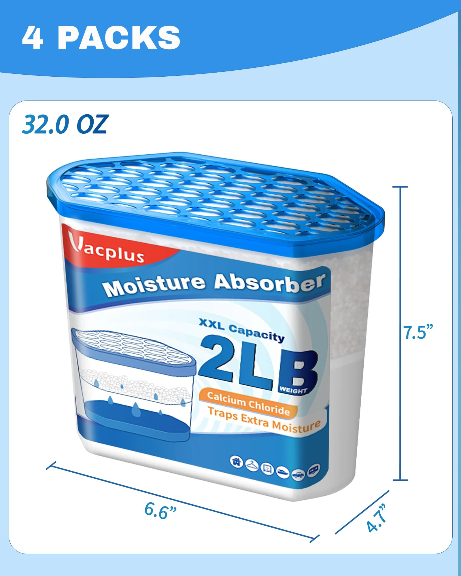 Vacplus Moisture Absorber Buckets – Large Capacity Dehumidifier and Humidity Absorber for Closet, Basement, Bathroom, RV, and Storage Areas, Unscented, 2 lbs, 4 Pack - Image 2