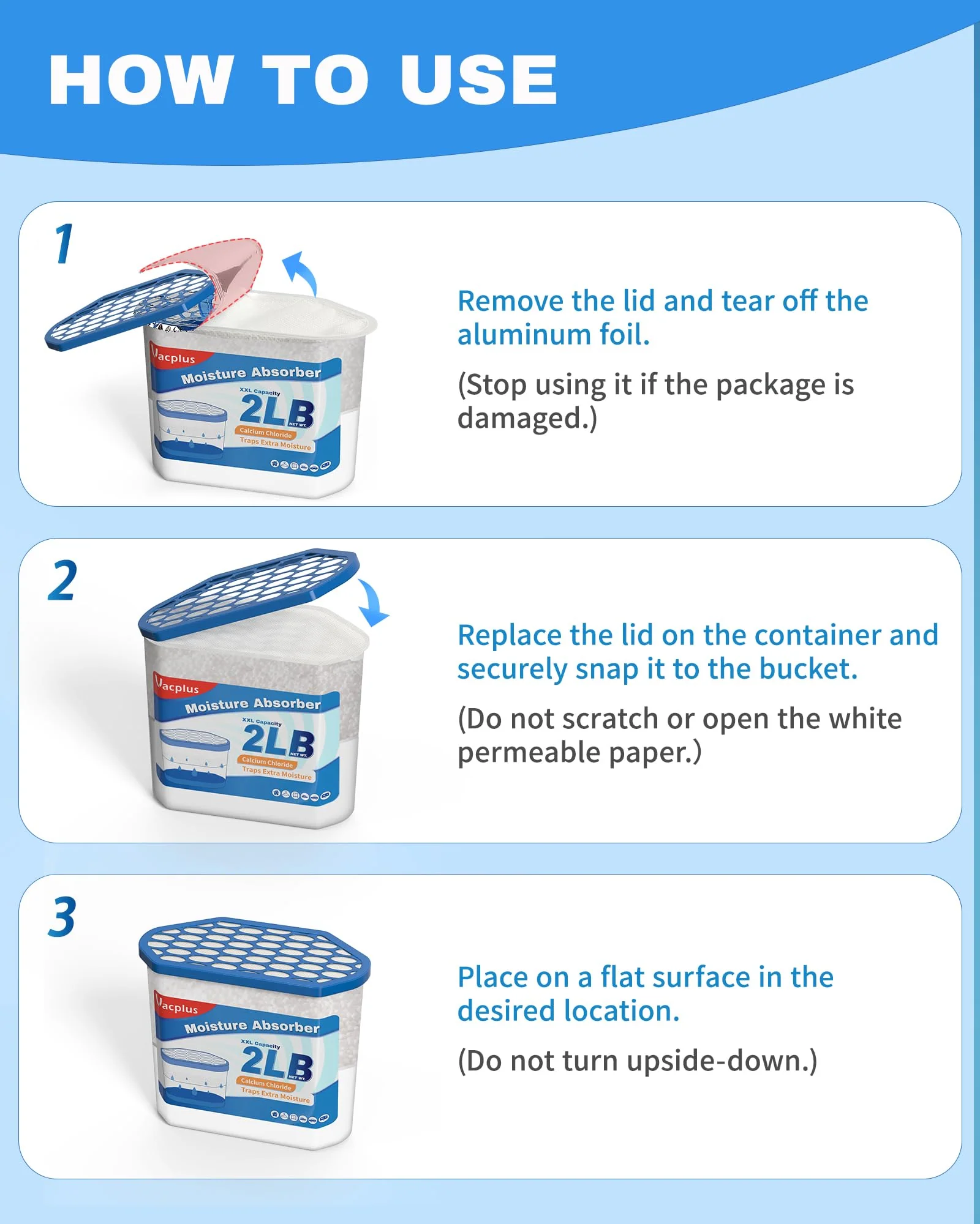 Vacplus Moisture Absorber Buckets – Large Capacity Dehumidifier and Humidity Absorber for Closet, Basement, Bathroom, RV, and Storage Areas, Unscented, 2 lbs, 4 Pack - Image 5