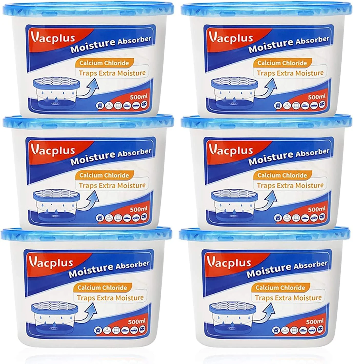 Vacplus Moisture Absorbers - Dehumidifiers for Closet, Efficient Humidity Absorber Boxes Collect Excess Moisture for Bathroom, Kitchen, Study, Fragrance-Free, 6 Pack