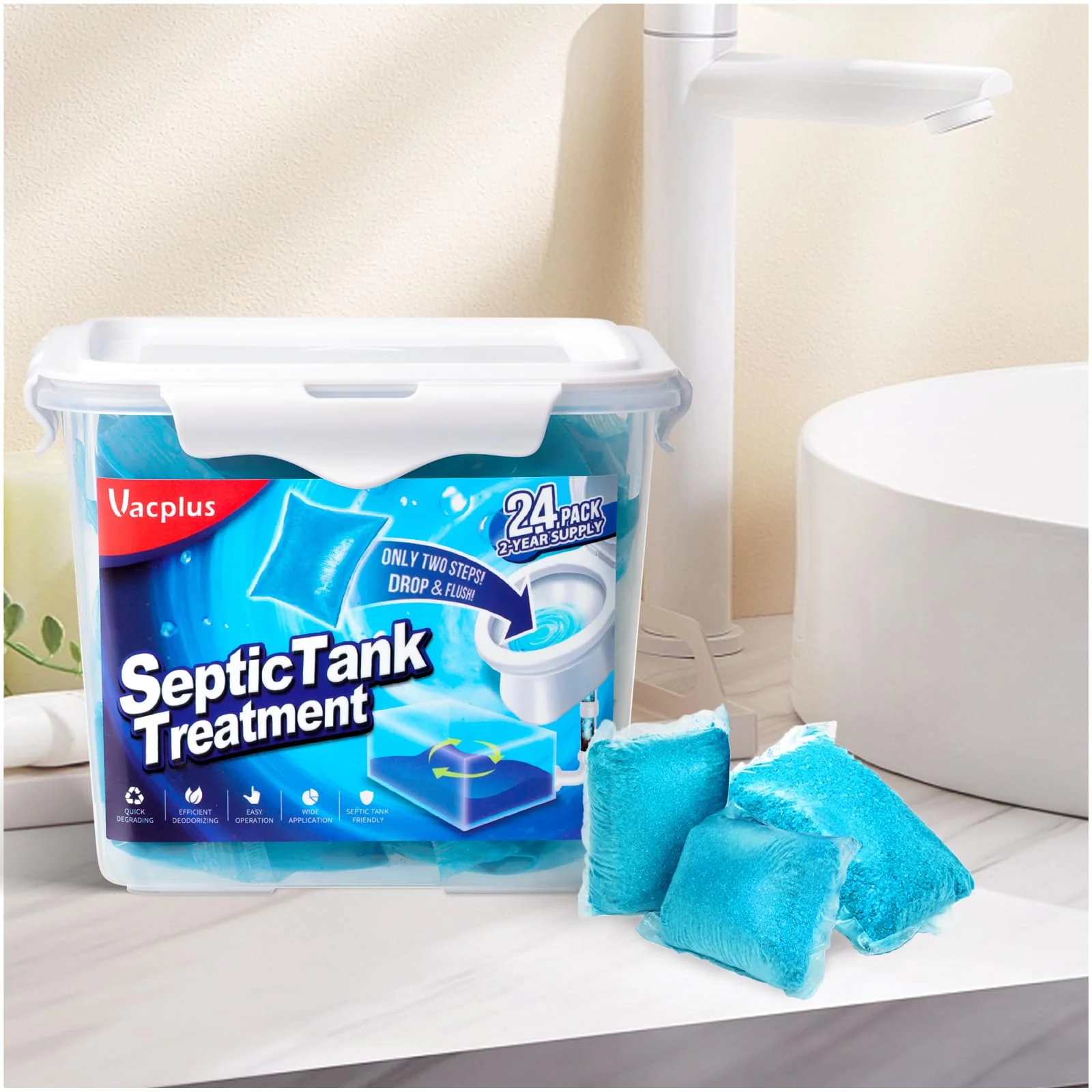 Vacplus Septic Tank Treatment - 24 Packs for 2-Year Supply, Bucket-Packed Septic Tank Treatment Packets, Dissolvable & Flushable Septic Tank Treatment Enzymes with Easy Operation for Wastes & Odors - Image 2