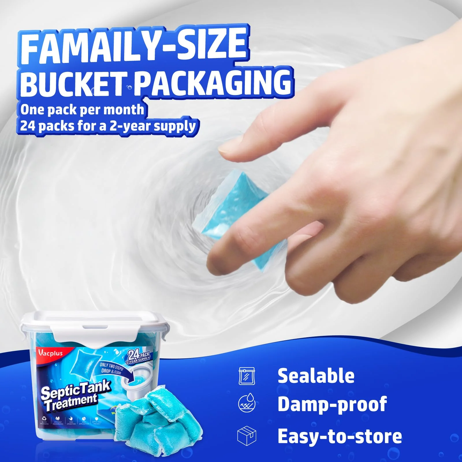 Vacplus Septic Tank Treatment - 24 Packs for 2-Year Supply, Bucket-Packed Septic Tank Treatment Packets, Dissolvable & Flushable Septic Tank Treatment Enzymes with Easy Operation for Wastes & Odors - Image 3
