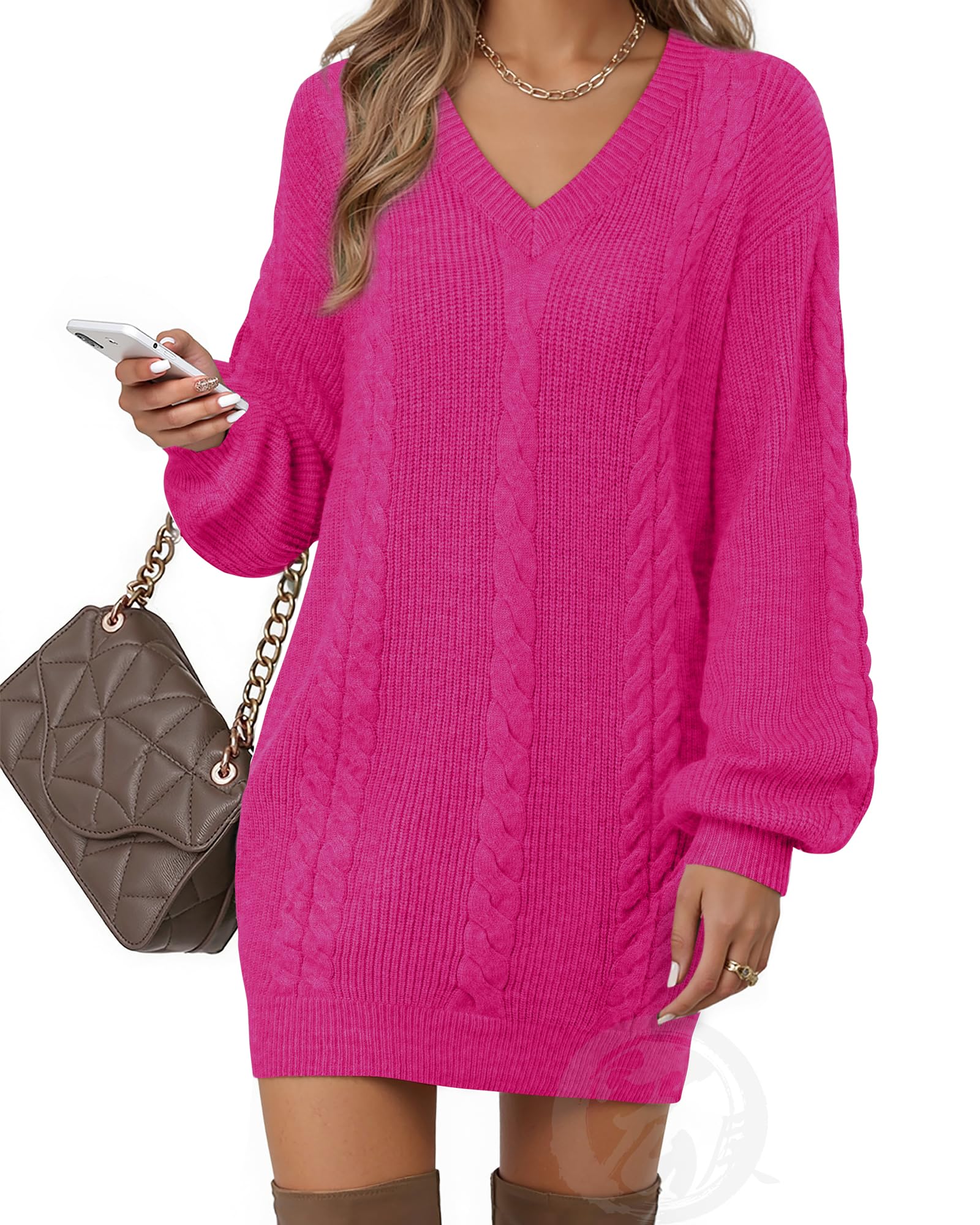 VAFOLY Sweater Dresses for Women 2025���Winter Mini Dress - Pullover Sweaters for Women - Fall Christmas Casual Knit Shirts Women's Holiday Knit V-Neck Loose Fashion Sweaters Fancy Tops Rose Red XL