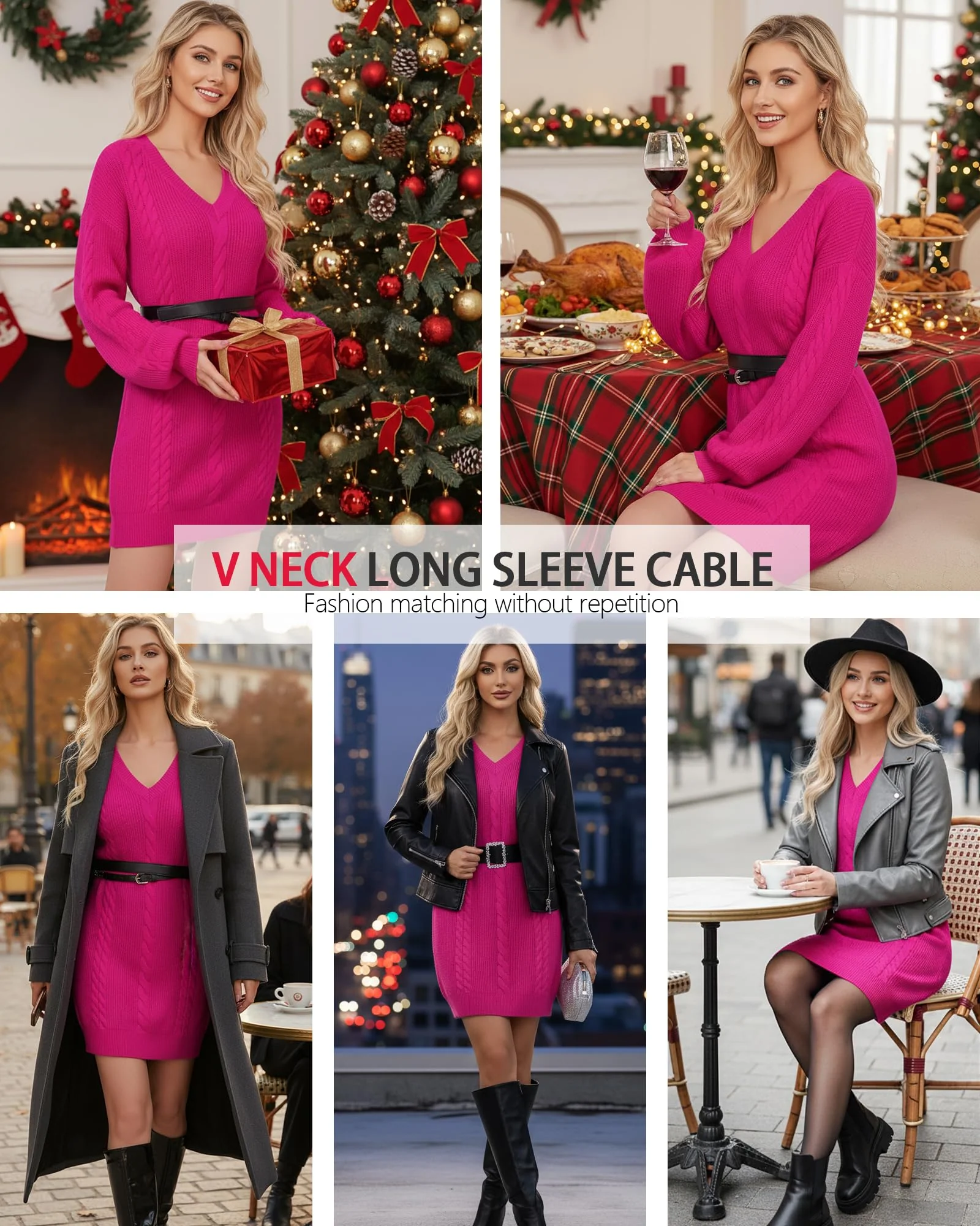 VAFOLY Sweater Dresses for Women 2025���Winter Mini Dress - Pullover Sweaters for Women - Fall Christmas Casual Knit Shirts Women's Holiday Knit V-Neck Loose Fashion Sweaters Fancy Tops Rose Red XL - Image 3