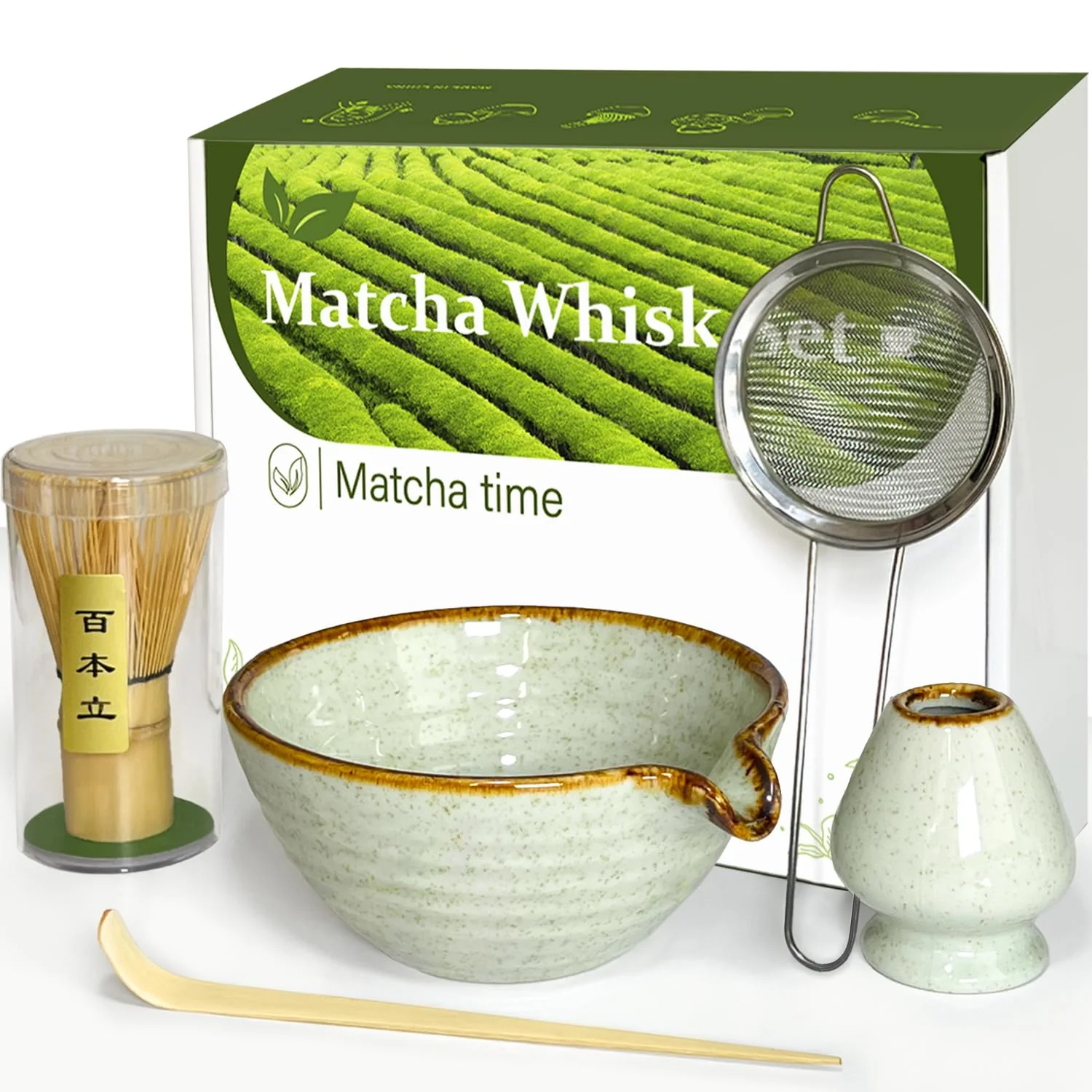 Vaiheng Matcha Whisk Set with Matcha Bowl, Matcha Whisk Holder Matcha Bamboo Whisk, Scoop, Sifter, Unique Gifts for Women Men Girl Friend Home Kitchen Decor Gifts for Tea Enthusiasts Christmas