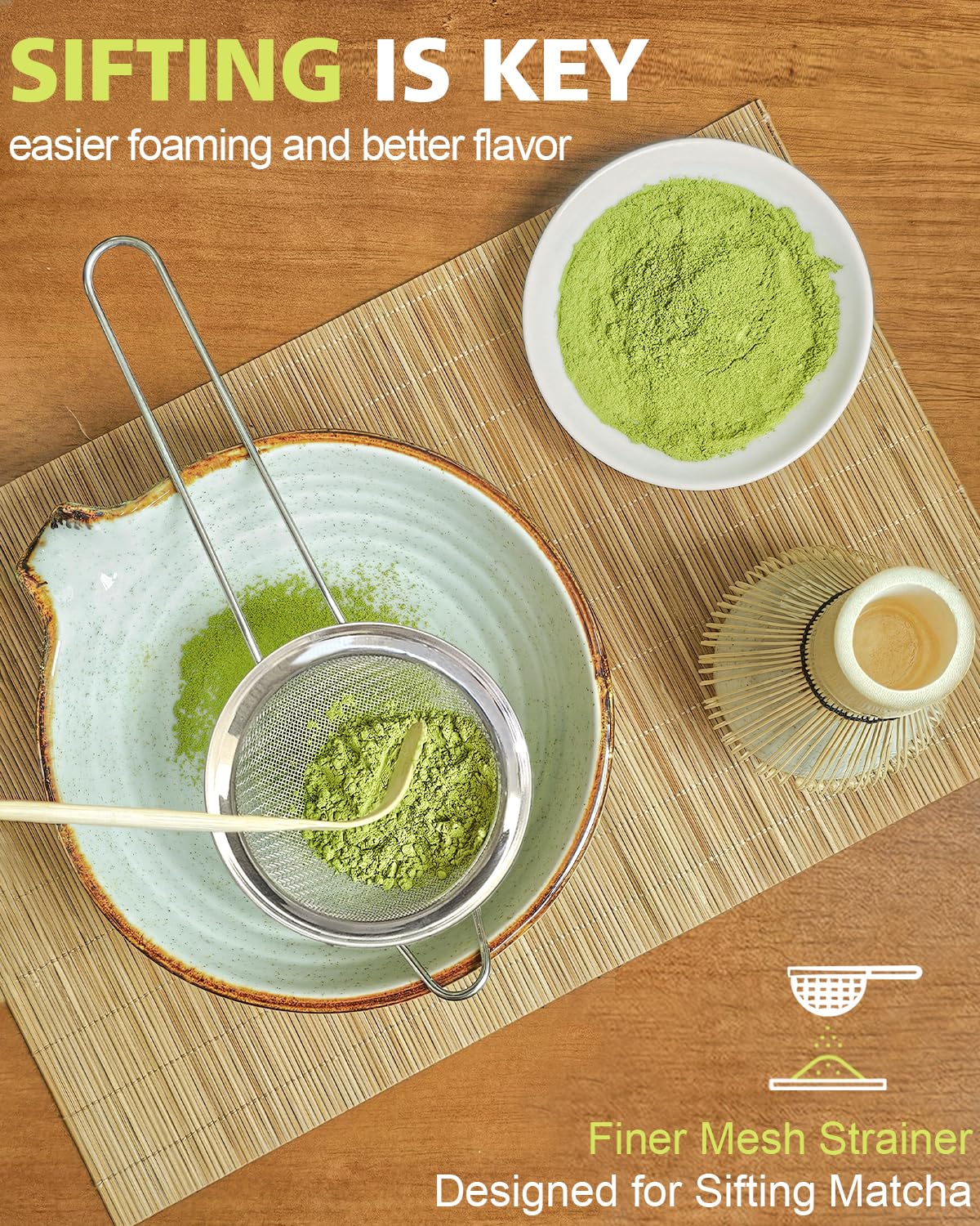 Vaiheng Matcha Whisk Set with Matcha Bowl, Matcha Whisk Holder Matcha Bamboo Whisk, Scoop, Sifter, Unique Gifts for Women Men Girl Friend Home Kitchen Decor Gifts for Tea Enthusiasts Christmas - Image 4