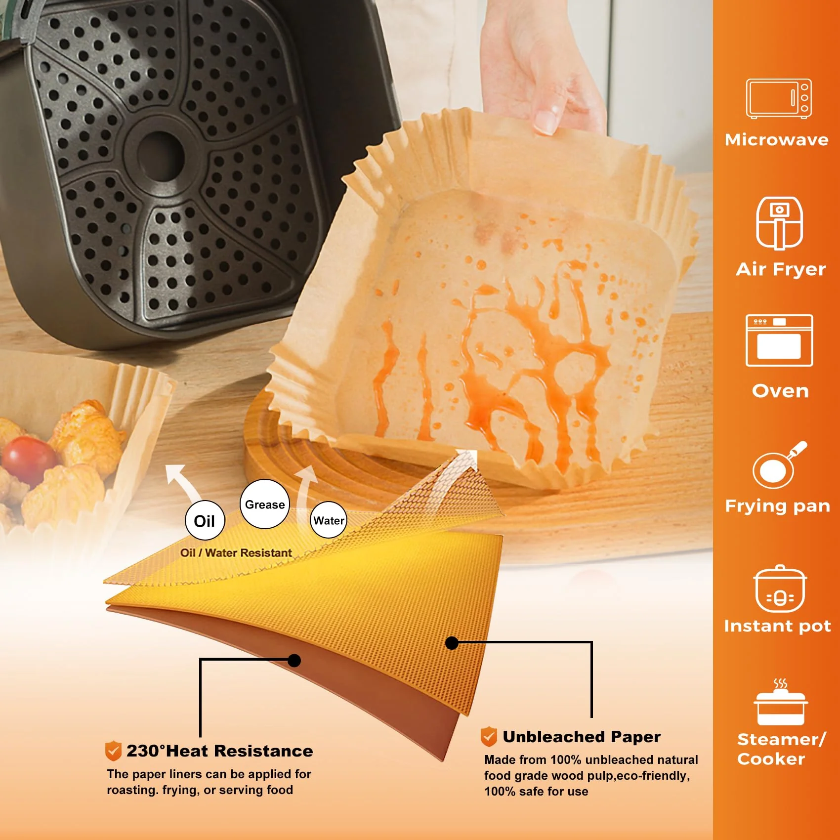 Vailnd Air Fryer Disposable Paper Liners 9inch Square, 125PCS Non-Stick Food Grade Air Fryer Parchment Paper, Oil Resistant & Waterproof Baking Liner for 8-12 QT Air Fryer Oven - Image 5
