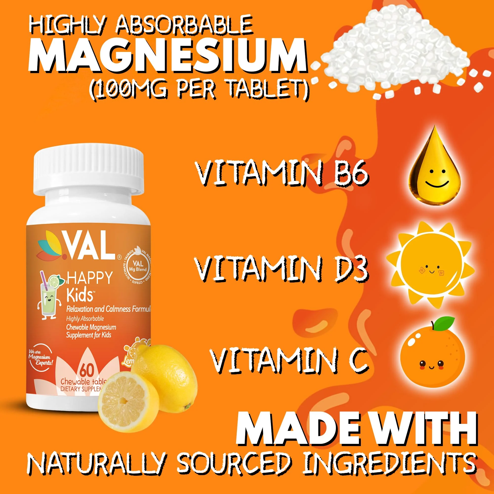 VAL Magnesium for Kids | High-Absorption Magnesium for Calm, Relaxation & Focus | Mg Glycinate, Citrate & Taurate | with Vitamin B6, D & C | Sugar-Free, Non-GMO | Lemonade | 60 Chewable Tablets - Image 8