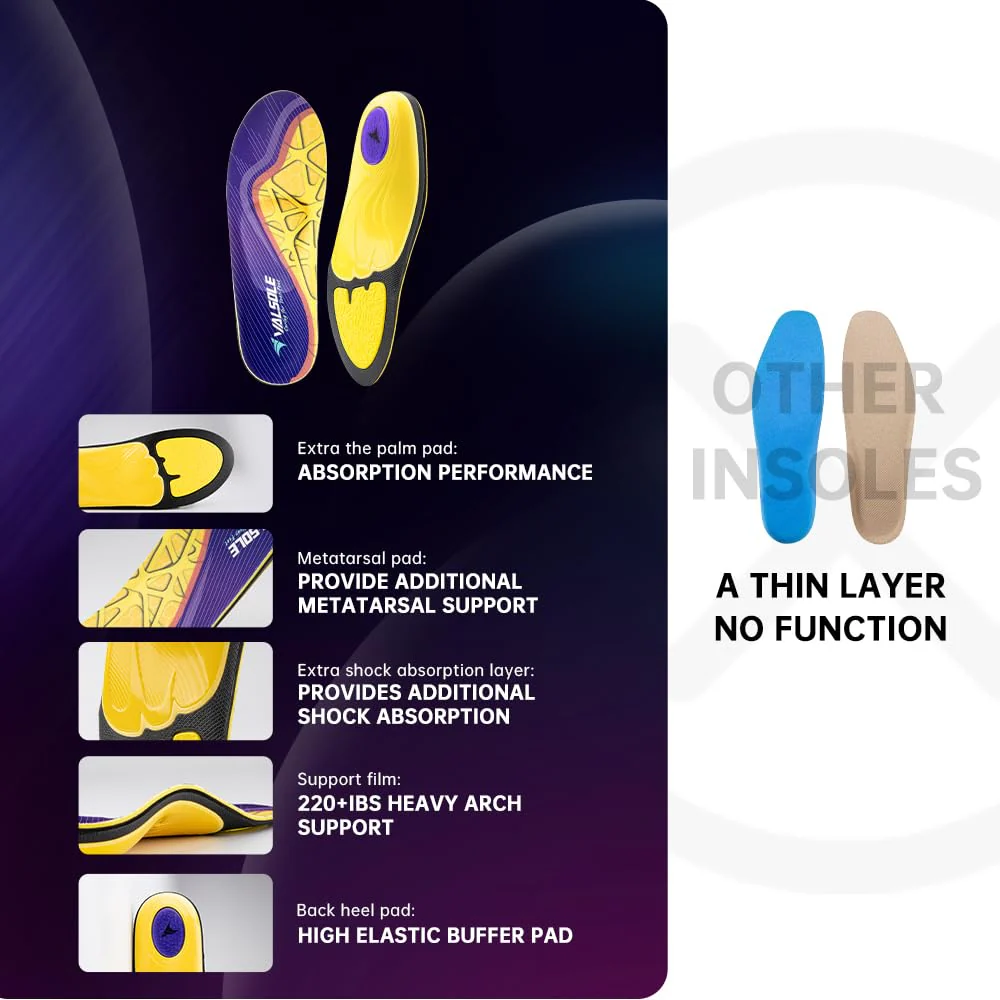 VALSOLE Plantar Fasciitis Insoles for Men Women - 220+lbs Heavy Duty Support Pain Relief Orthotics - High Arch Insoles - for Flat Feet - Metatarsalgia - Arch Pain - Work Boot Shoe Insole(302mm) - Image 2