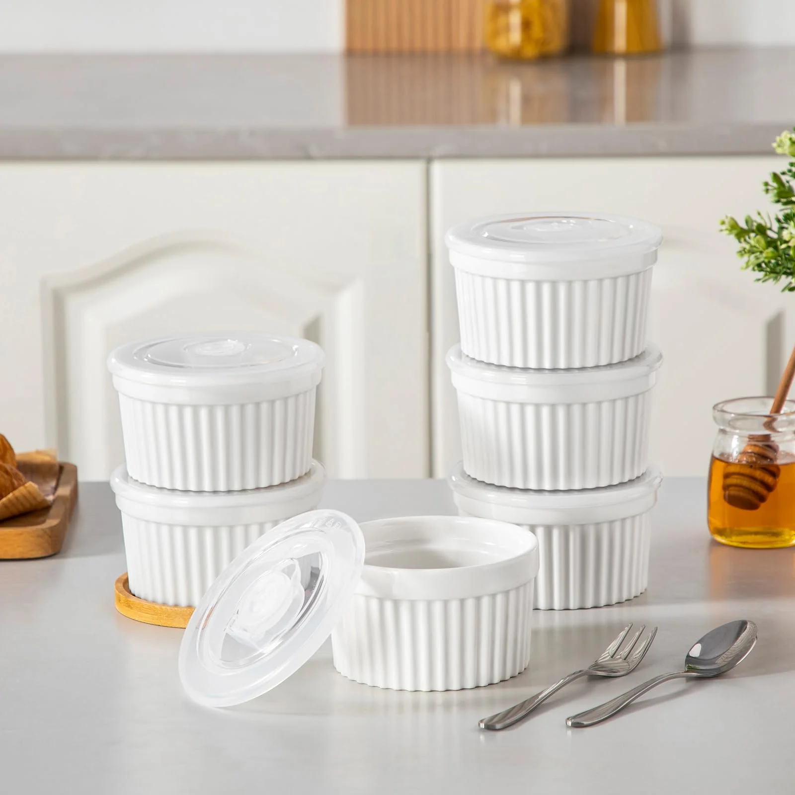 vancasso 10 oz Ramekins with Lid, Porcelain Creme Brulee Souffle Dishes, White Pudding Custard Cups Ramiken for Baking, Dishwasher and Oven Safe, Set of 6 - Image 4