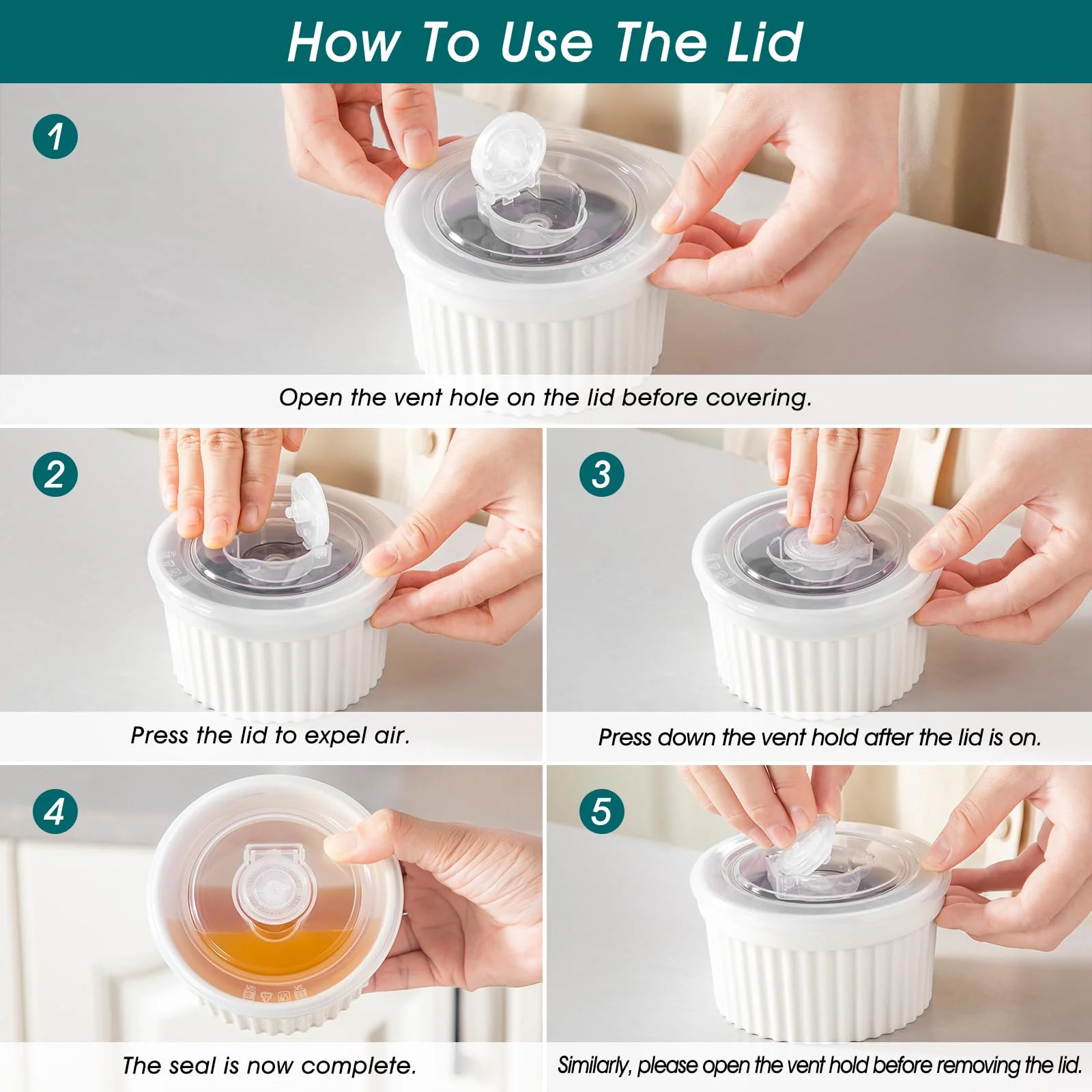 vancasso 10 oz Ramekins with Lid, Porcelain Creme Brulee Souffle Dishes, White Pudding Custard Cups Ramiken for Baking, Dishwasher and Oven Safe, Set of 6 - Image 5