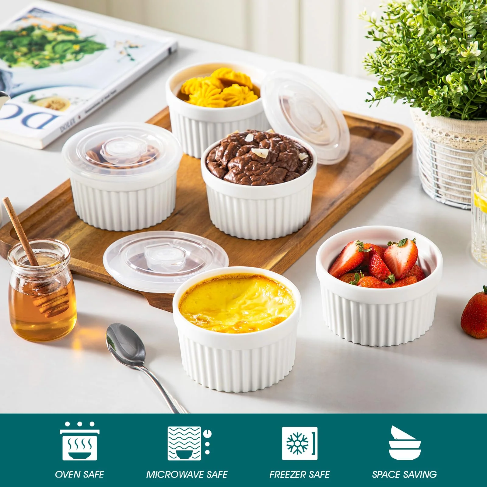 vancasso 10 oz Ramekins with Lid, Porcelain Creme Brulee Souffle Dishes, White Pudding Custard Cups Ramiken for Baking, Dishwasher and Oven Safe, Set of 6 - Image 6