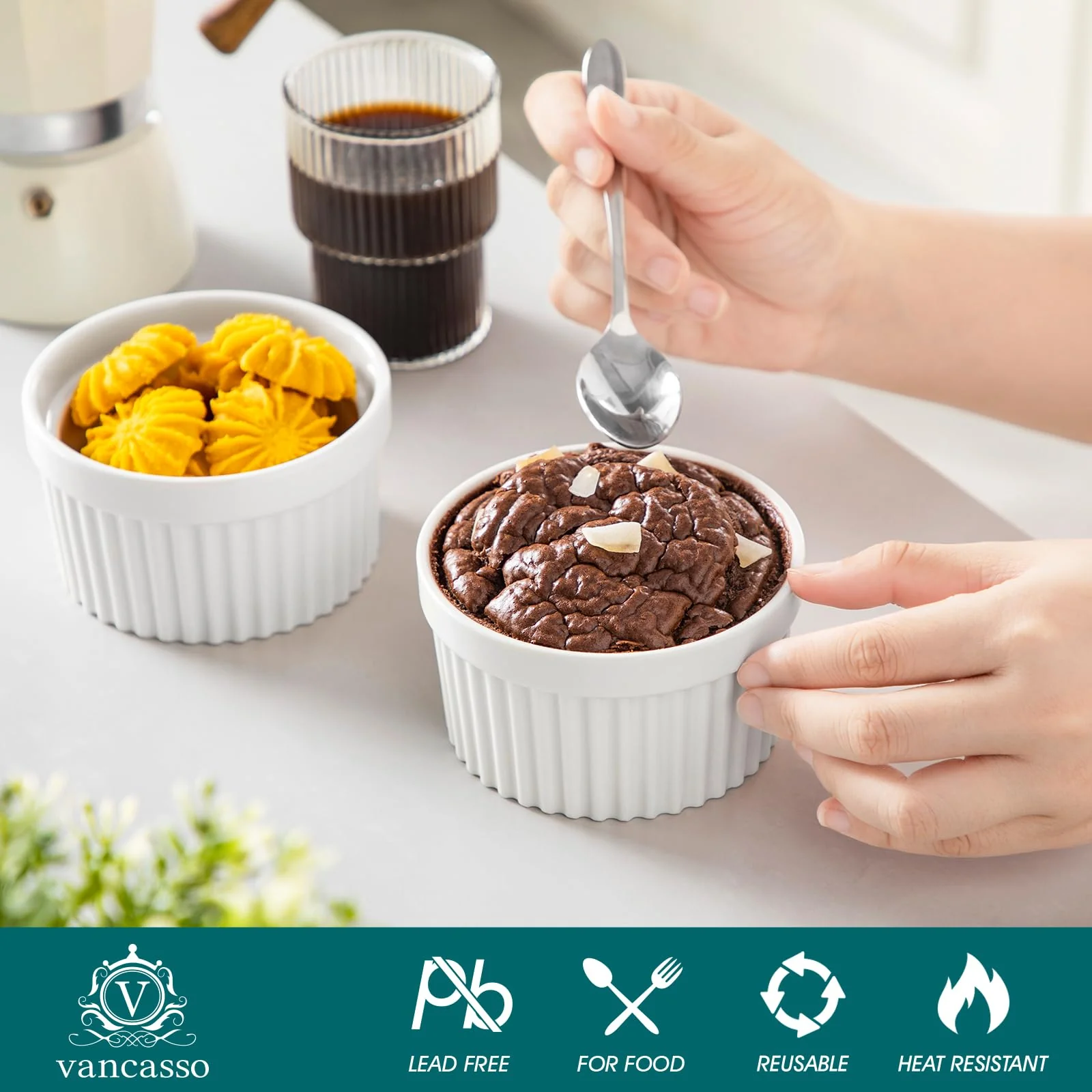 vancasso 10 oz Ramekins with Lid, Porcelain Creme Brulee Souffle Dishes, White Pudding Custard Cups Ramiken for Baking, Dishwasher and Oven Safe, Set of 6 - Image 7