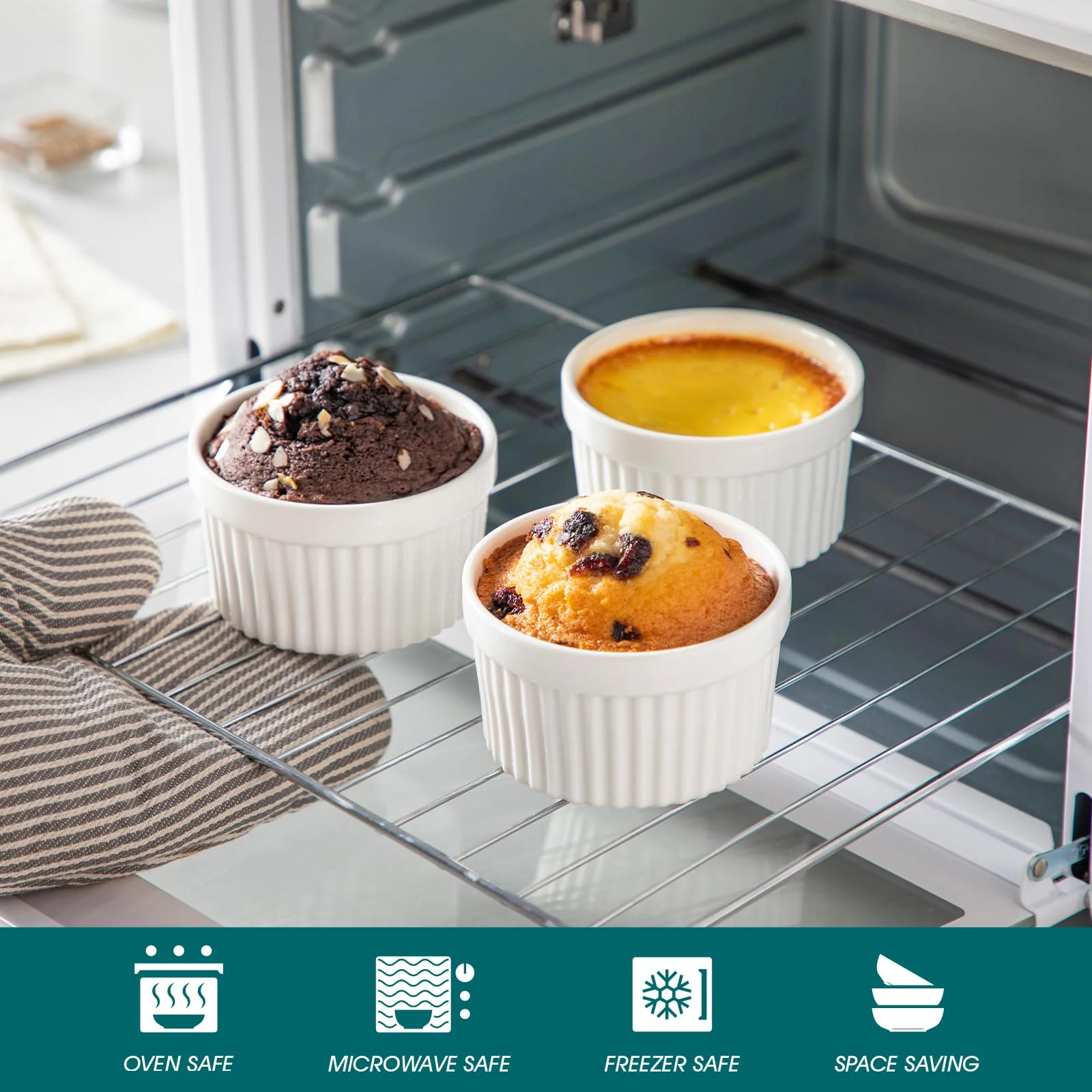 vancasso 6 oz Ramekins with Lid, Porcelain Creme Brulee Souffle Dishes, White Pudding Custard Cups Ramiken for Baking, Dishwasher and Oven Safe, Set of 6 - Image 6