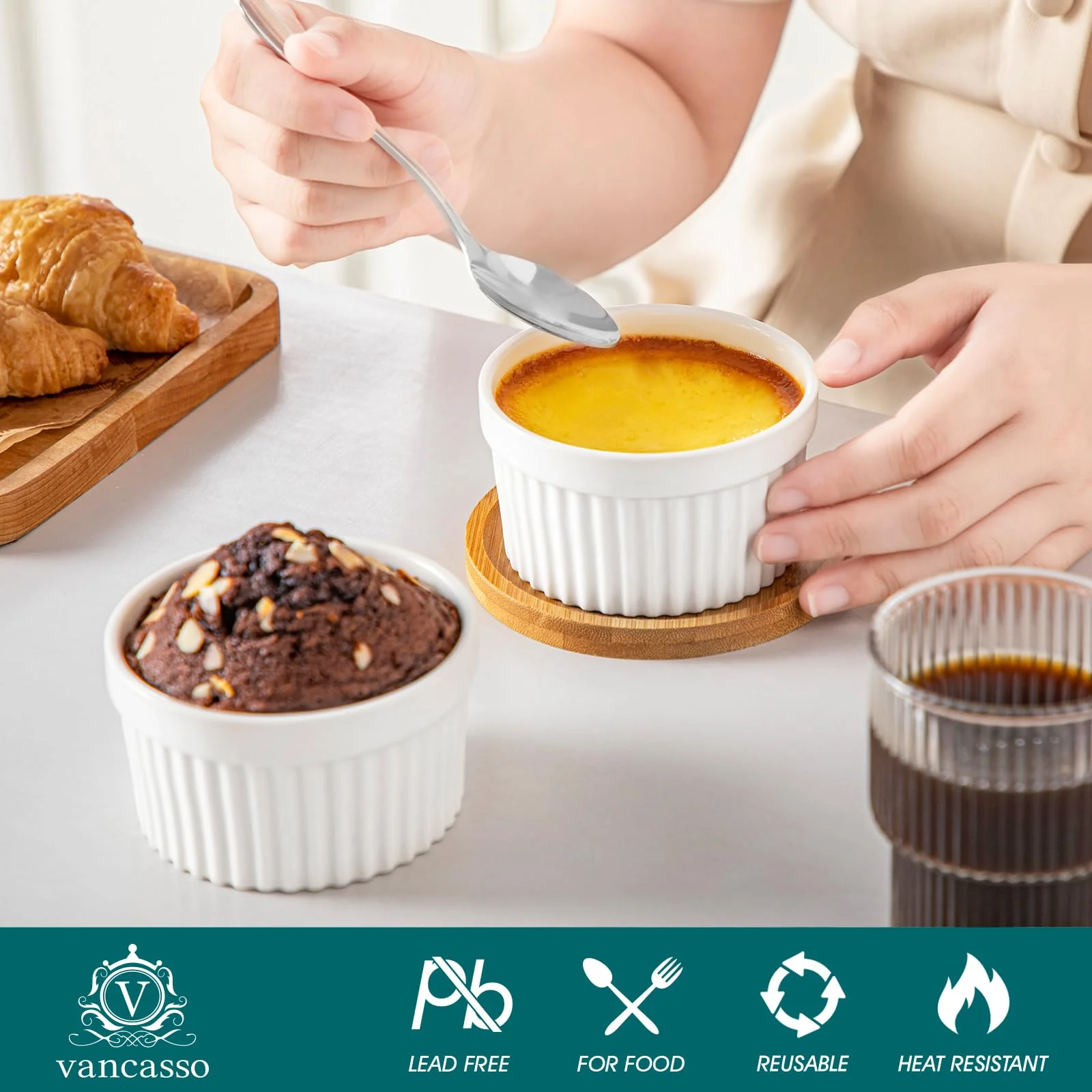 vancasso 6 oz Ramekins with Lid, Porcelain Creme Brulee Souffle Dishes, White Pudding Custard Cups Ramiken for Baking, Dishwasher and Oven Safe, Set of 6 - Image 7