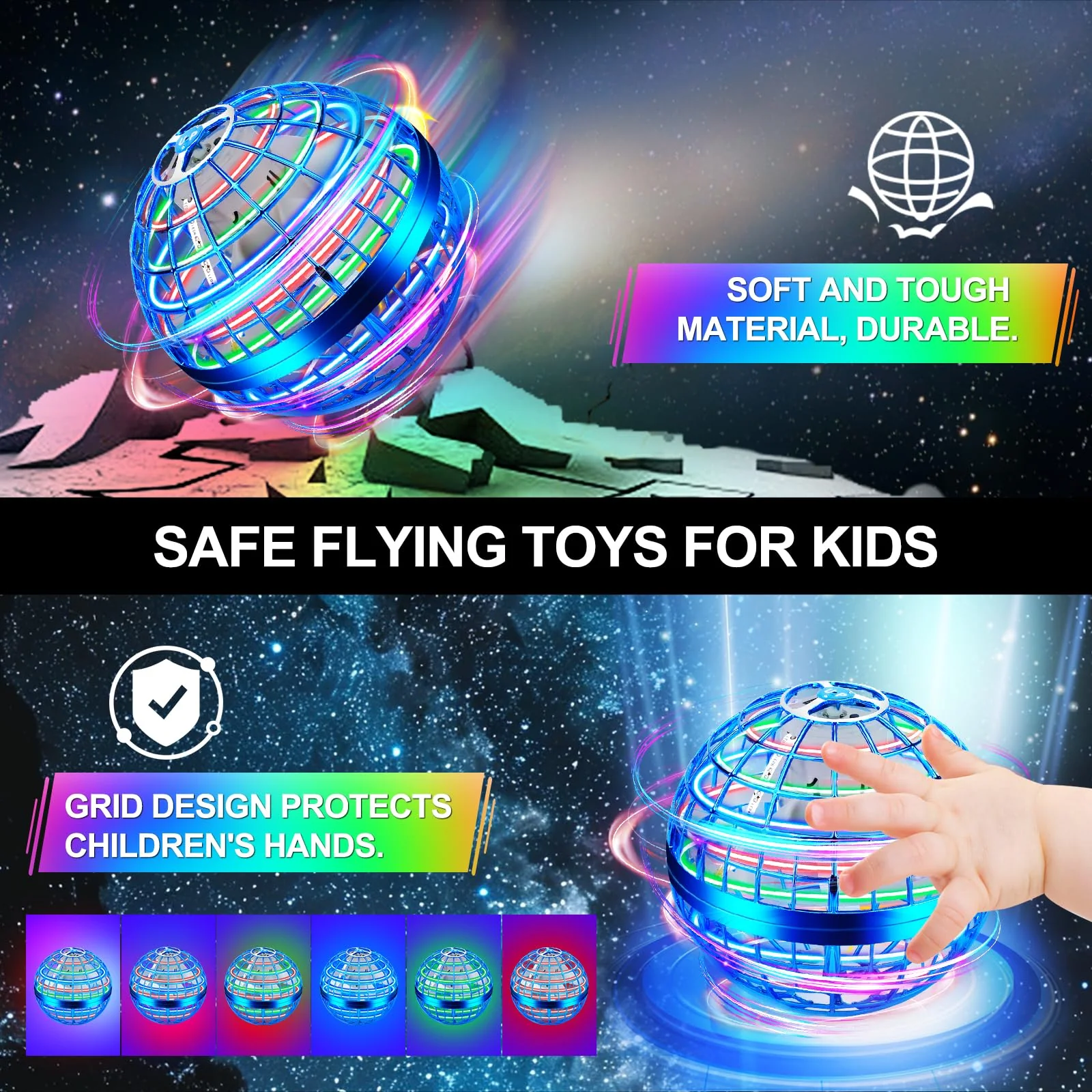 Vantexi Flying Orb Ball Toy, Parachute with LED Light, Magic Hand Controlled Mini Galaxy Hover Ball,Cosmic Globe Boomerang, Cool Christmas Birthday Gift for 6 7 8 9 10+ Year Old Boys Girls-Bright Blue - Image 3