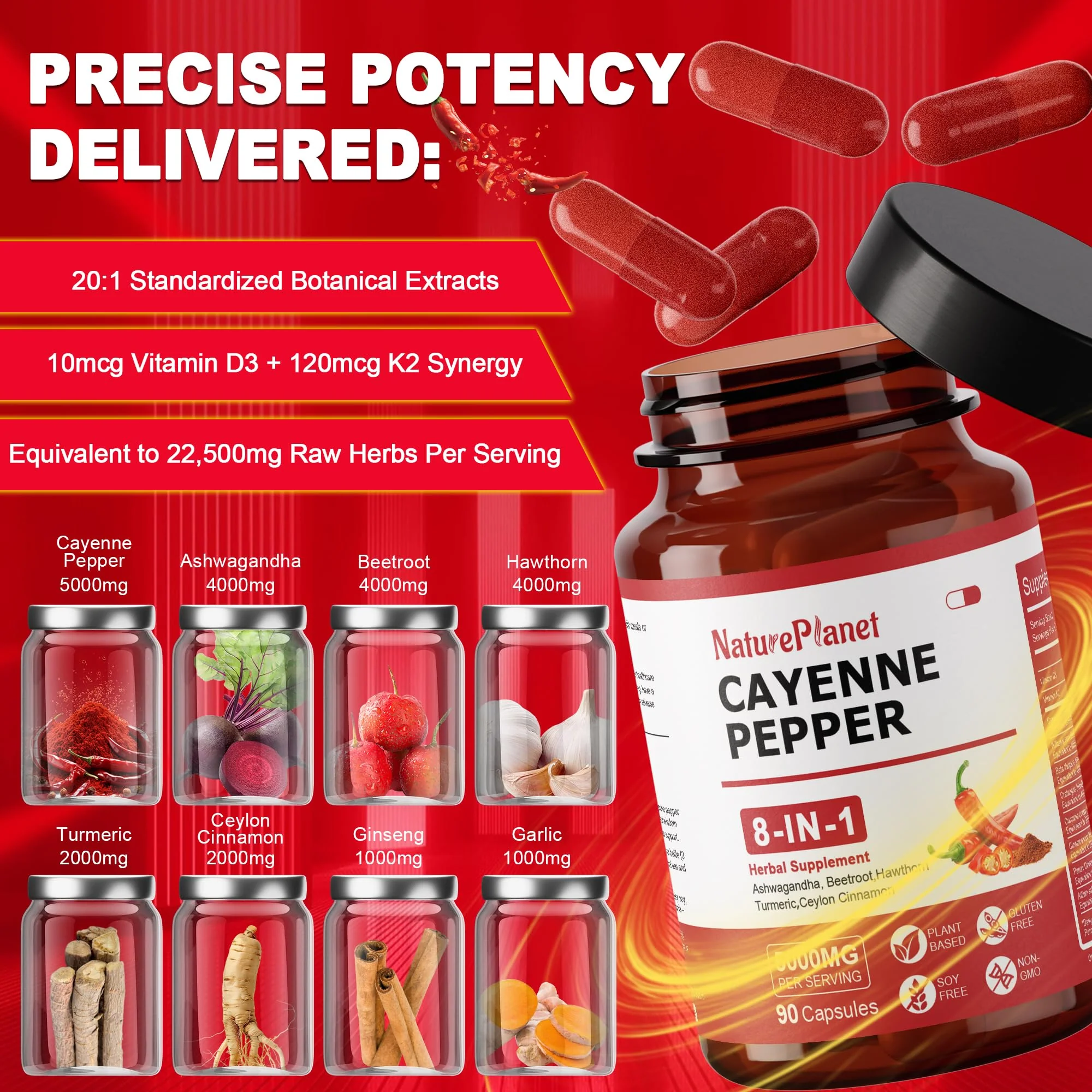 Vascu Flow Cayenne Pepper Capsules Organic Capsaicin Supplements with Beetroot Ashwagandha Hawthorn Turmeric Cinnamon Ginseng for Circulation Immune Support 180 Capsules- Made in USA - Image 5