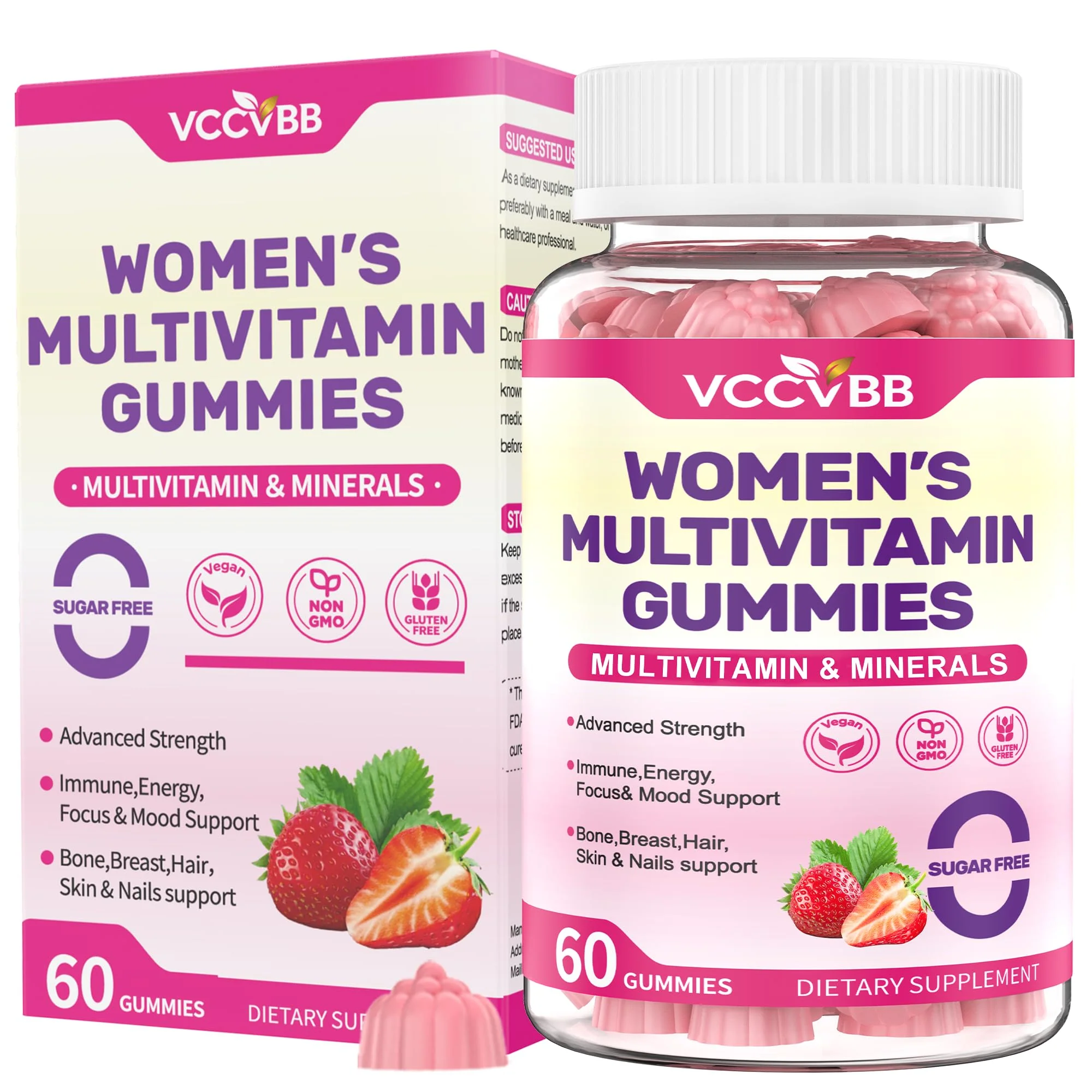 VCCVBB All-in-One Women's Multivitamin Gummies with Complete Vitamin & Mineral Complex, Herbal Blends for Energy, Overall Health, High Potency Hair Skin and Nails Vitamins, Strawberry Flavor, 60 Count